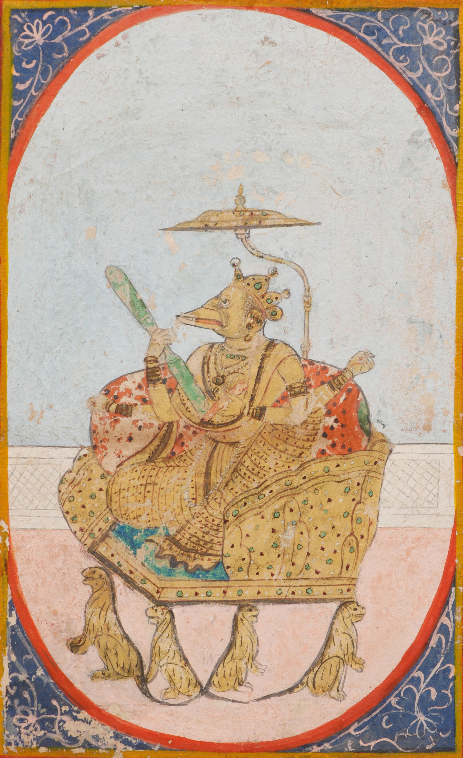 A Malwa Miniature Painting of the Goddess Bagalamukhi (Pitambara Devi), Central India, Late 18th -: A Malwa Miniature Painting of the Goddess Bagalamukhi (Pitambara Devi), Central India, C, 1775-1825. Opaque watercolor and gold on paper. Size: 7.5'' x 5'', 19 x 13 cm (sheet); 14'' x 11'', 36 x 28 cm