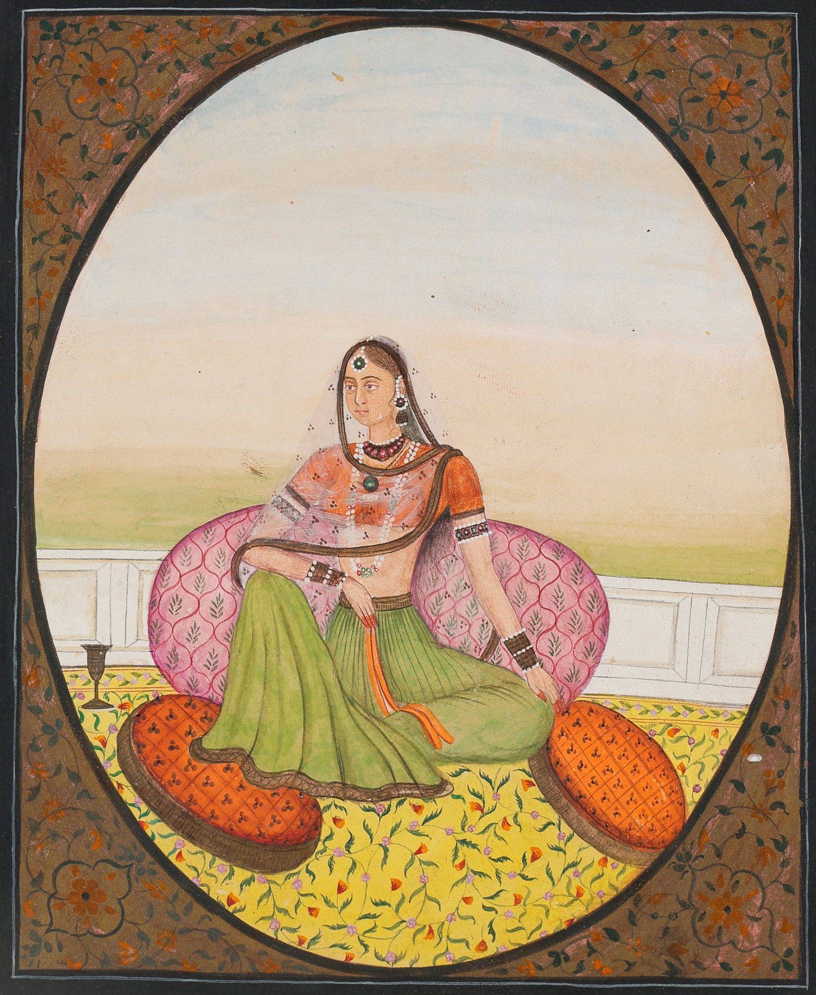 Rajasthani Miniature Painting Of A Court Lady On A Terrace, Late 19th C.: Rajasthani Miniature Painting Of A Court Lady On A Terrace, Late 19th C. Size: 8.25'' x 6.75'', 21 x 17 cm (sheet); 14'' x 11'', 36 x 28 cm (mat). A North Indian miniature painting depicting an court 