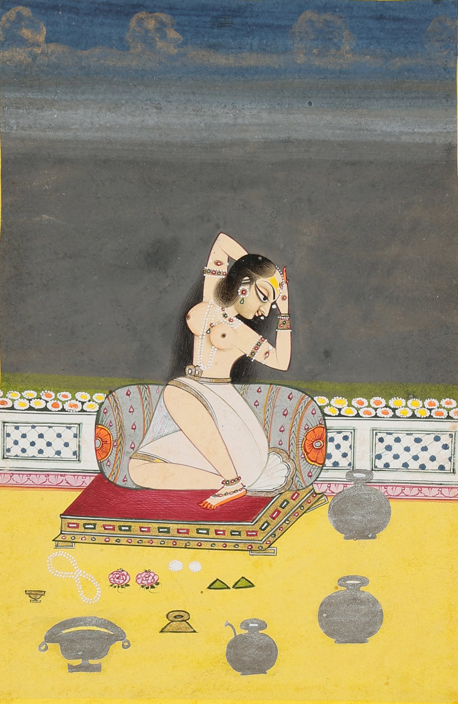 Jaipur Or Bikaner Miniature Painting Of Nayika On Terrace, Late 18th - Early 19th C.: Jaipur Or Bikaner Miniature Painting Of Nayika On Terrace, Late 18th - Early 19th C. Size: 11.25'' x 8.5'', 29 x 22 cm (sheet); 14'' x 11'', 36 x 28 cm (mat). A Opaque watercolor and ink on paper depi