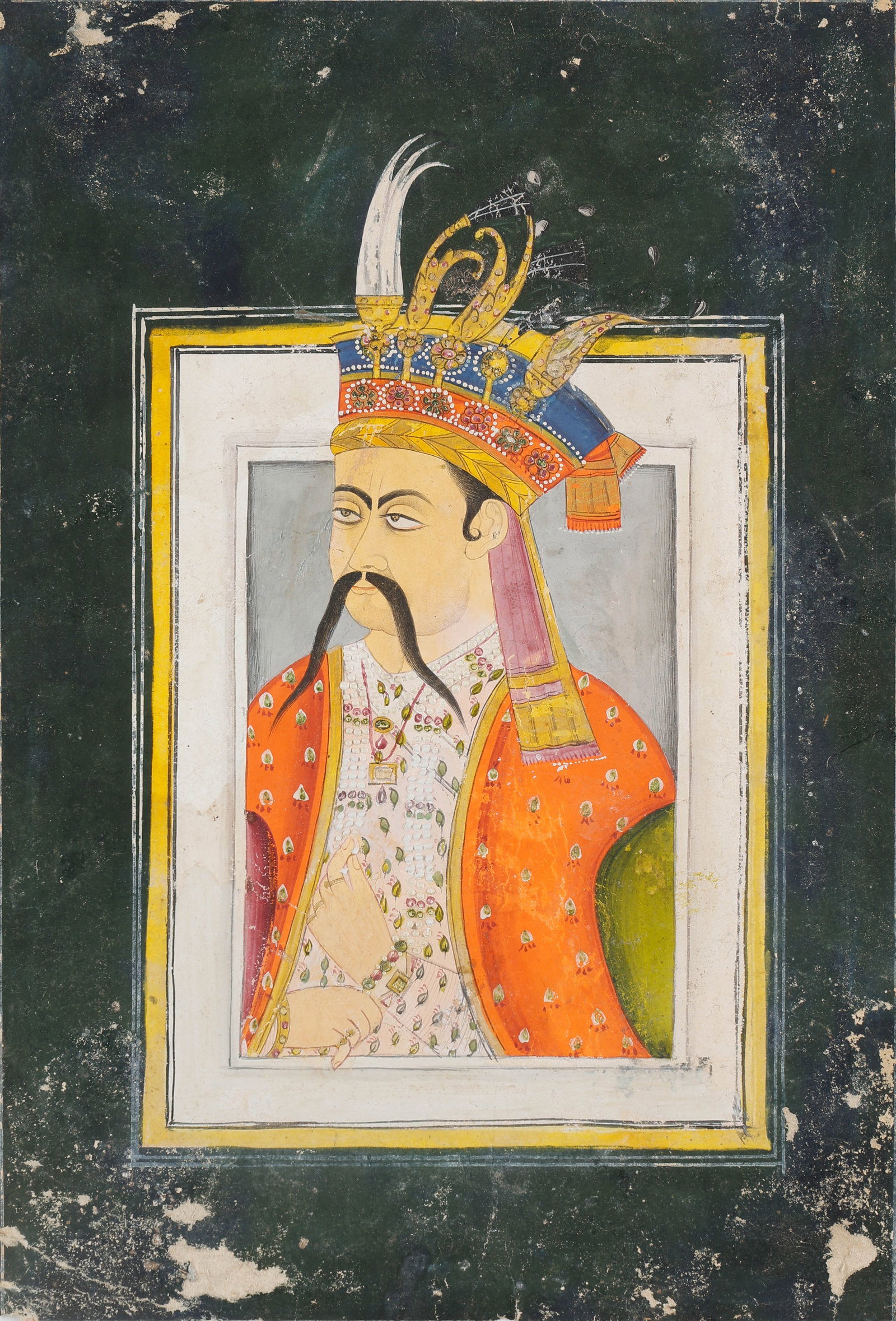 Late Mughal Portrait of a Nobleman with Plumed Turban, India, Late 18th- Early 19th C.: Late Mughal Portrait of a Nobleman with Plumed Turban, India, Late 18th- Early 19th C. Size: 9'' x 6.25'', 23 x 16 cm (sheet); 14'' x 11'', 36 x 28 cm (mat). Opaque watercolor and ink on paper depicti