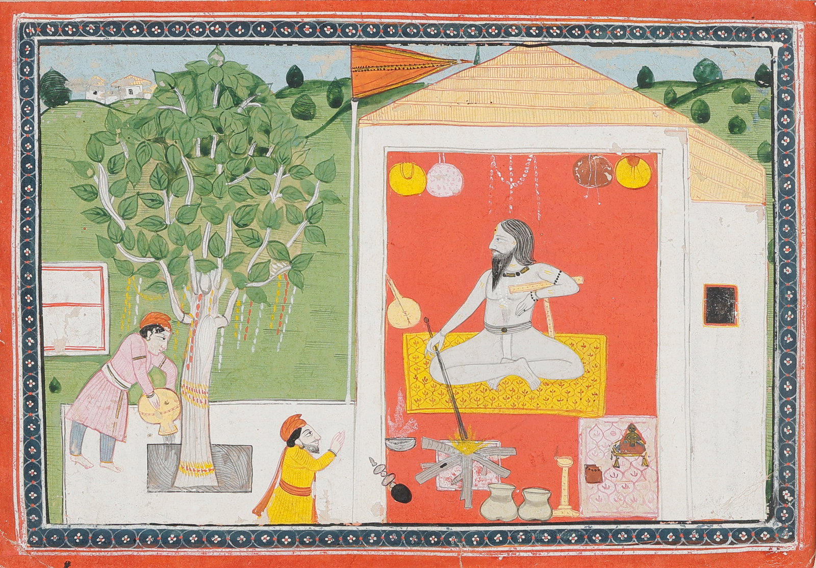 Rare Scene Of A Levitating Yogi in Meditation with Sacred Fire, Rajasthani School, Early-Mid 18th C.: Rare Scene Of A Levitating Yogi in Meditation with Sacred Fire, Late 18th-Early 19th C. Opaque watercolor and ink on paper. Size: 7.25'' x 10.5'', 18 x 27 cm (sheet); 12'' x 15'', 30 x 38 cm (mat). De