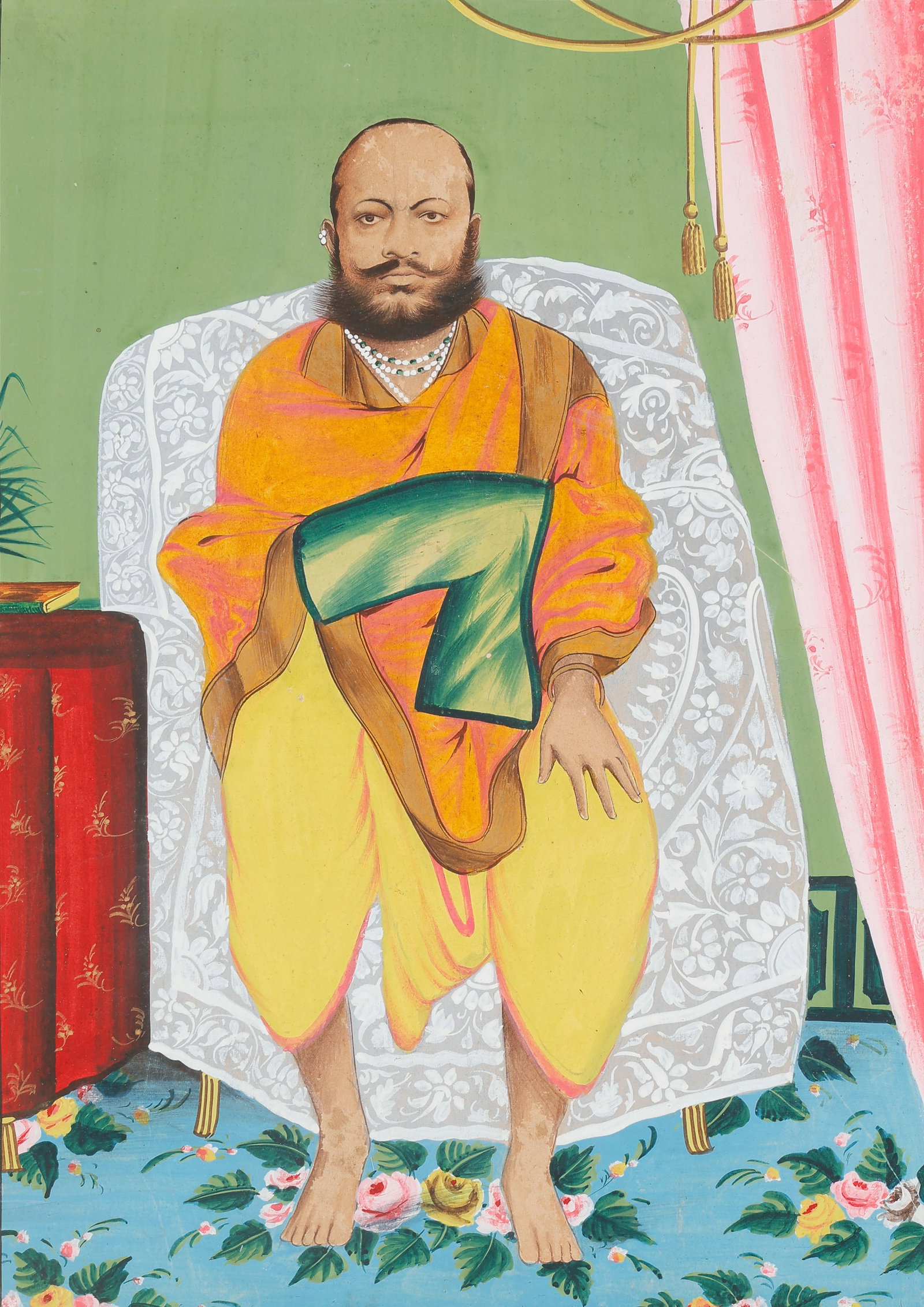 Indian Company School Portrait of Hindu Guru/Sadhu, Seated Interior, Mid-19th C.: Indian Company School Portrait of Hindu Guru/Sadhu, Seated Interior, Mid 19th C. Size: 12.25'' x 9'', 31 x 23 cm (sheet); 16.75'' x 14'', 43 x 36 cm (mat). A 19th century North Indian Company School p
