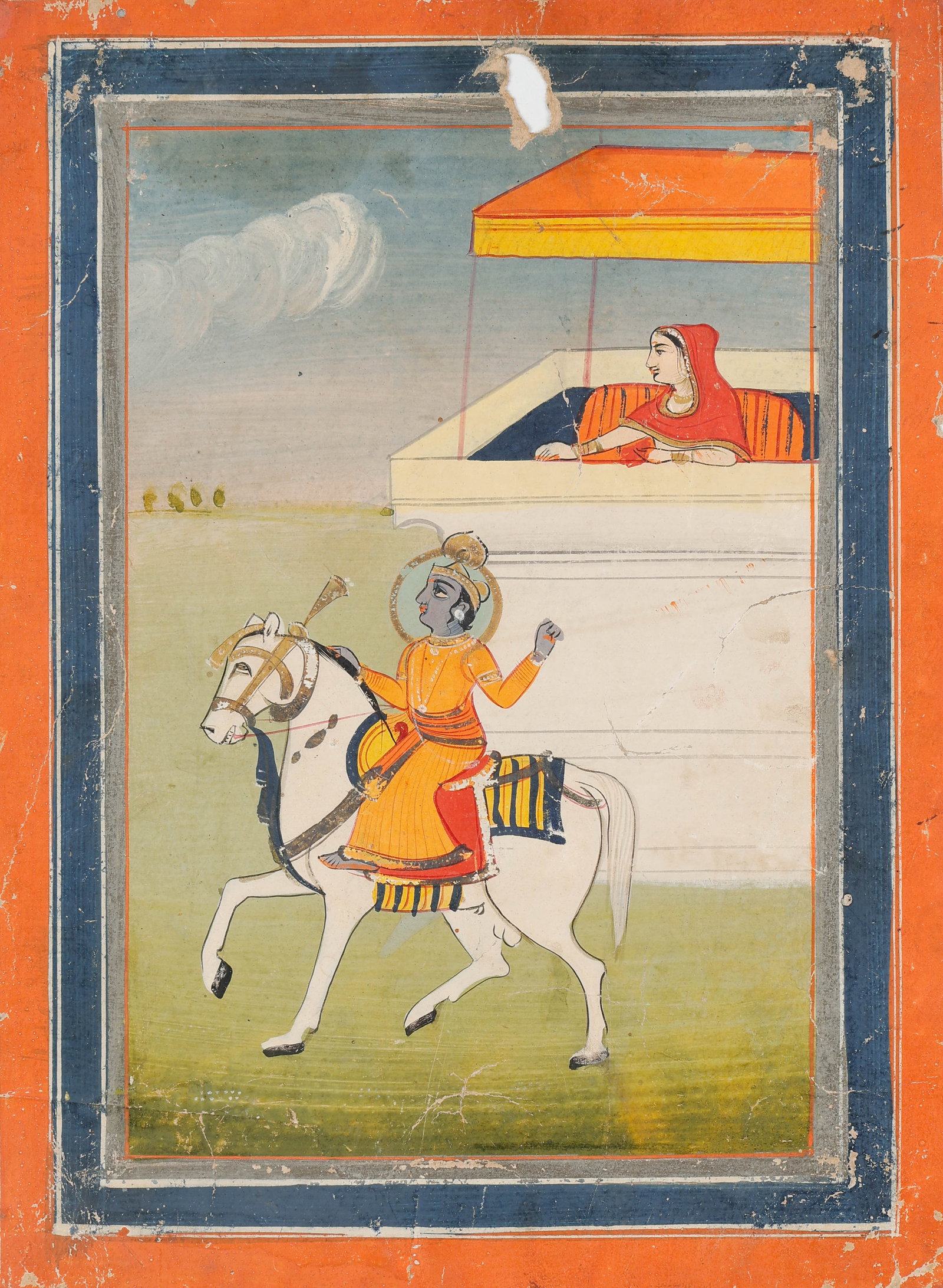 Indian Rajput Miniature Painting of Krishna on Horseback, Jaipur, Mid-19th C.: Indian Rajput Miniature Painting of Krishna on Horseback, Jaipur, Mid 19th C. Size: 9.75'' x 7'', 25 x 18 cm (sheet); 16'' x 12'', 41 x 30 cm (mat). Opaque watercolor and ink on paper depicting the Hi