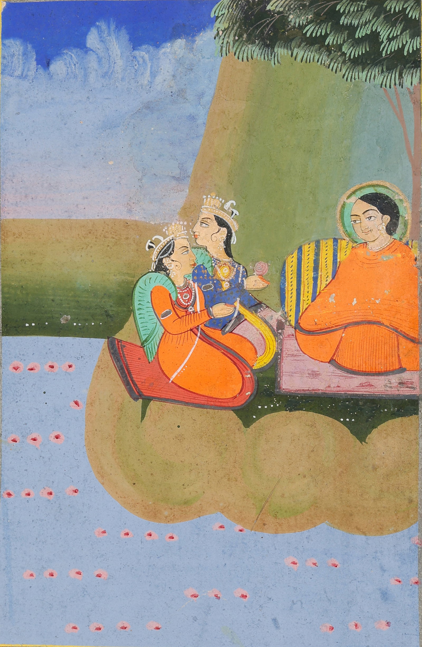 Jaipur Rajput Miniature Painting Of Courtly Women, Nayika Sakhi Scene, Mid-19th C.: Jaipur Rajput Miniature Painting Of Courtly Women, Nayika Sakhi Scene, Mid-19th C. Size: 10'' x 7'', 25 x 18 cm (sheet); 16'' x 12'', 41 x 30 cm (mat). A late 18th century style Rajput miniature paint