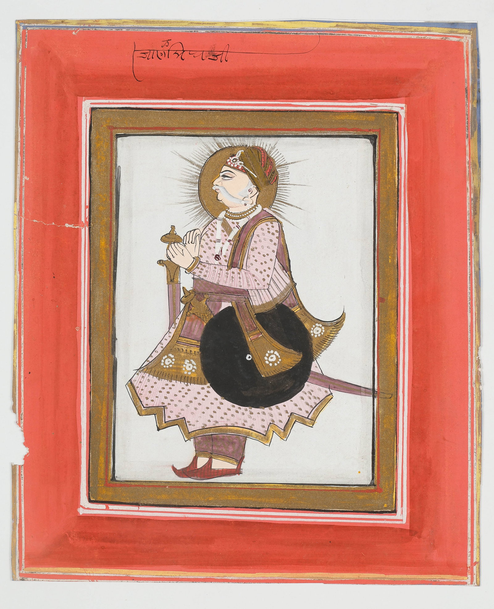 Rajasthani School Portrait of a Rajput Noble, Late 19th C.: Rajasthani School Portrait of a Rajput Noble, Late 19th C. Size: 10.5'' x 8.75'', 27 x 22 cm (sheet); 16'' x 12'', 41 x 30 cm (mat). A North Indian Rajasthani school miniature painting depicting a Raj