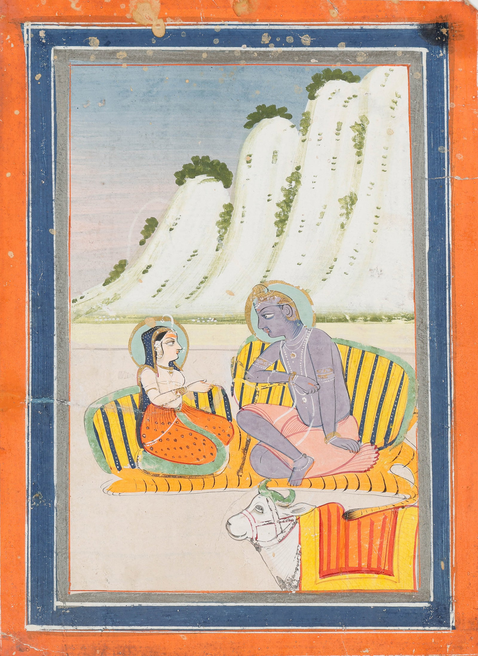 Indian Rajasthani Miniature Painting Of Krishna And Radha, Mewar School, Early-Mid 19th C.: Indian Rajasthani Miniature Painting of Krishna and Radha, Mewar School, Early-Mid 19th C. Size: 9.5'' x 7'', 24 x 18 cm (sheet); 16'' x 12'', 41 x 30 cm (mat). Opaque watercolor and ink on paper depi