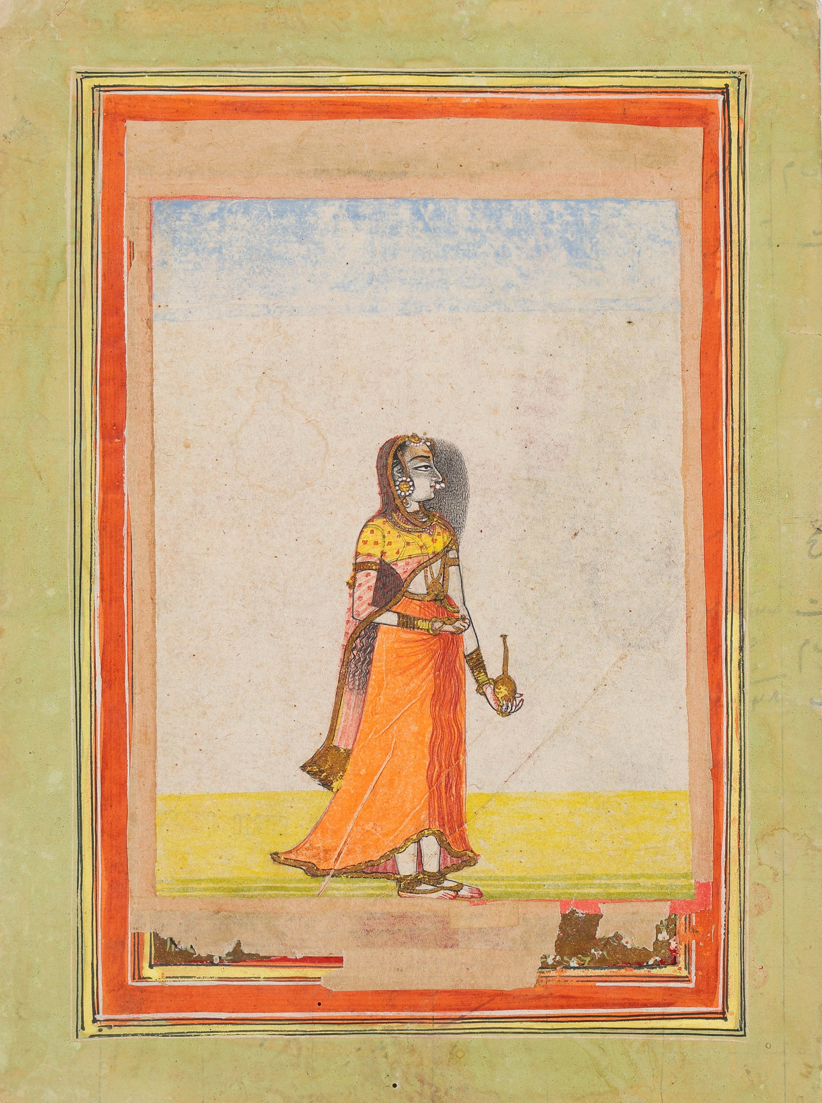 Rajasthani Jaipur Miniature Painting, Female Court Lady Nayika, late 18th-Early 19th C.: Rajasthani Jaipur Miniature Painting, Female Court Lady Nayika, 18th/19th C. Size: 10'' x 7.5'', 25 x 19 cm (sheet); 12'' x 9'', 30 x 23 cm (mat). A Rajasthani miniature painting of a courtly female f