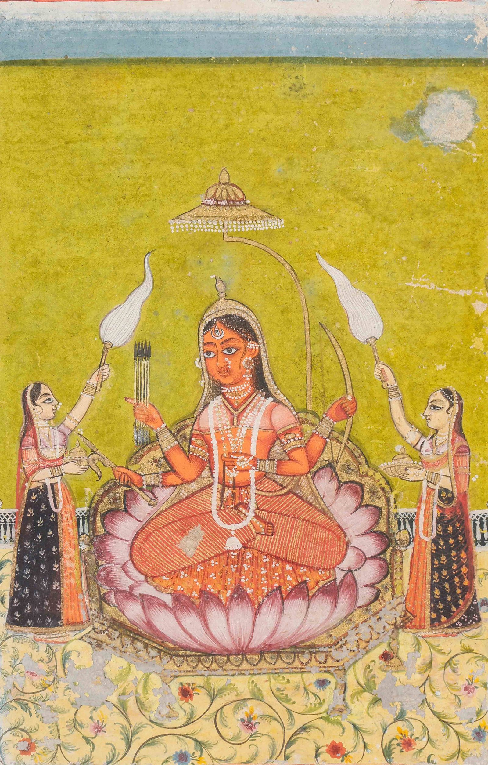 Bundi School Indian Miniature Painting, Mahavidya Goddess On Lotus Throne, Rajasthan, 18th C.: Bundi School Indian Miniature Painting, Mahavidya Goddess On Lotus Throne, Rajasthan, 18th C. Size: 7.75'' x 5.75'', 20 x 15 cm (sheet); 11.75'' x 8.75'', 30 x 22 cm (mat). Opaque watercolor and gold 