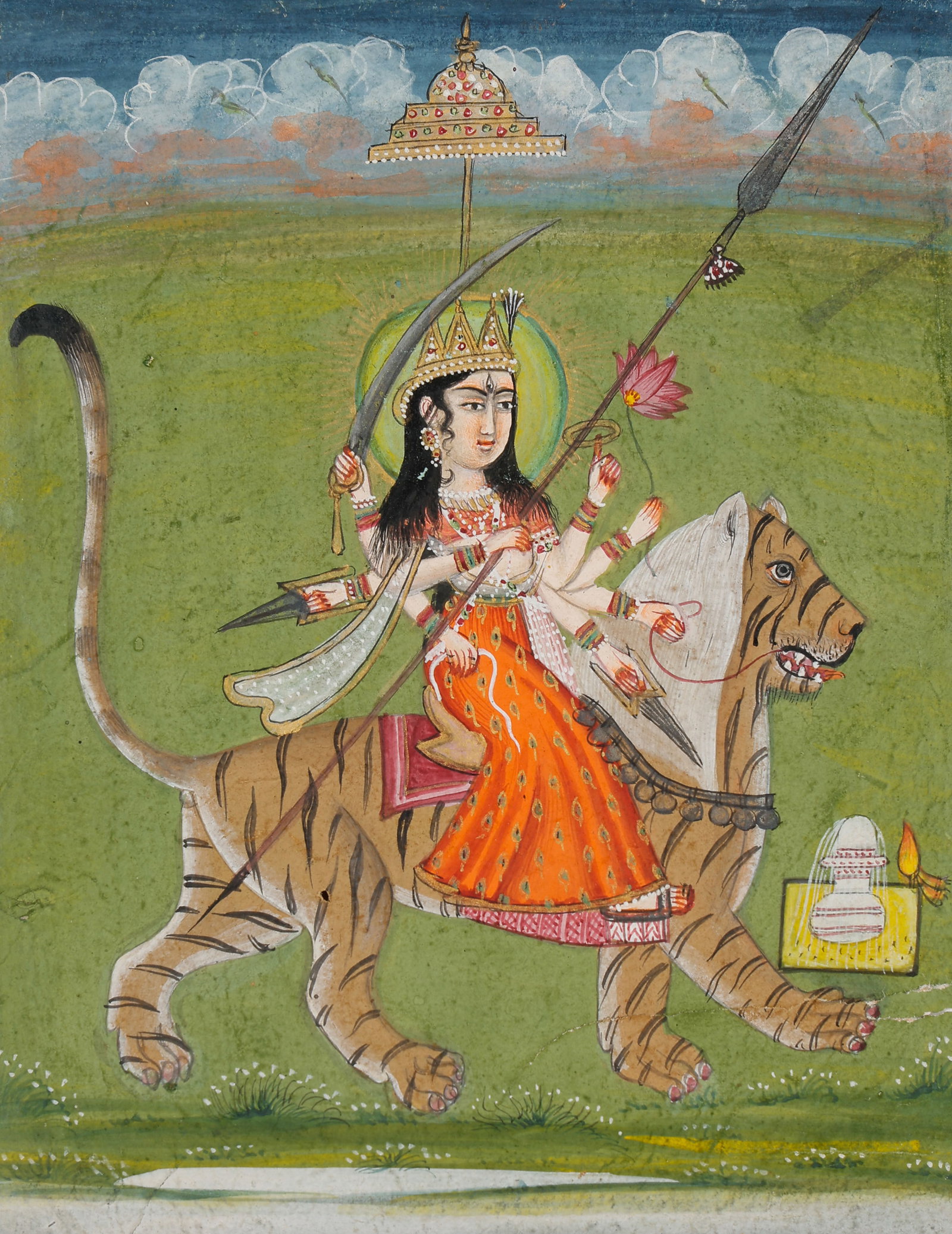 Indian Miniature Painting Of Durga Riding Tiger, Rajasthani, Jaipur School, Late 19th/Early 20th C.: Indian Miniature Painting Of Durga Riding Tiger, Rajasthani, Jaipur School, Late 19th/Early 20th C. Size: 5.25'' x 4'', 13 x 10 cm (sheet); 10.25'' x 8'', 26 x 20 cm (mat). Executed in opaque watercol