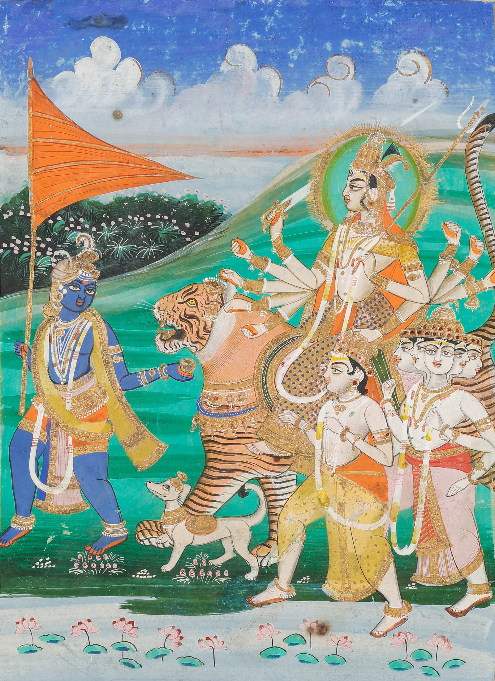 Pahari Miniature Painting Of Durga On Tiger With Krishna, Kangra School, Late 18th/Early 19th C.: Pahari Miniature Painting Of Durga On Tiger With Krishna, Kangra School, Late 18th/Early 19th C. Size: 14'' x 10'', 36 x 25 cm (sheet); 17'' x 14'', 43 x 36 cm (mat). North Indian Pahari miniature pai