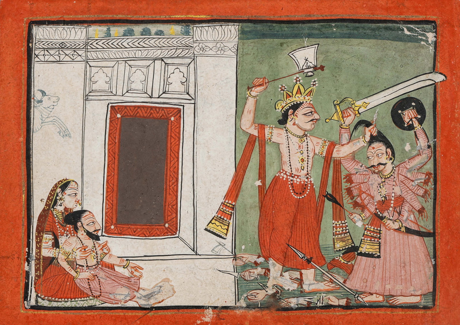 Kulu (Pahari) School Miniature Painting Of Parashurama Slaying Kartavirya Arjuna, 18th C.: Kulu (Pahari) School Miniature Painting Of Parashurama Slaying Kartavirya Arjuna, 18th C. Size: 5'' x 7'', 13 x 18 cm (sheet); 9'' x 12'', 23 x 30 cm (mat). From a Dashavatara Series. Opaque watercolo