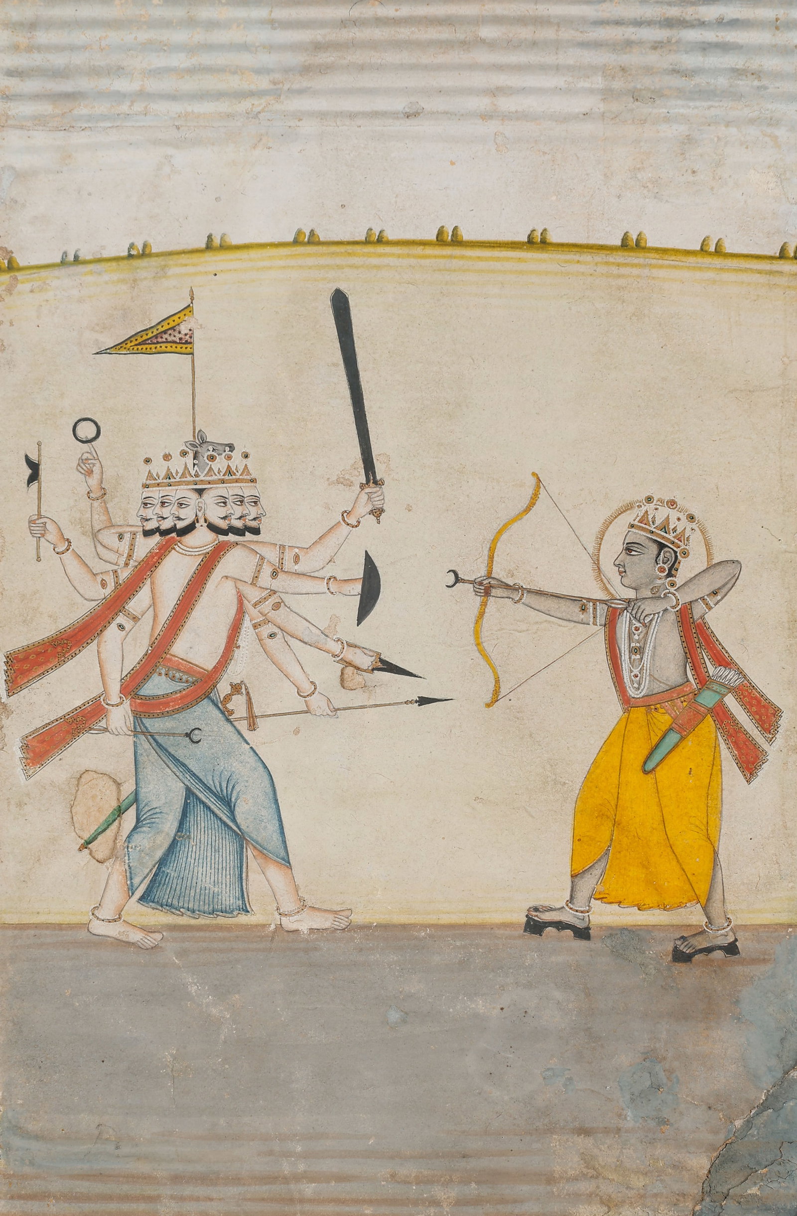Rama Battling Ravana, North India, Rajasthan (Jaipur Or Related School), Late 18th/early 19th C.: Rama Battling Ravana, North India, Rajasthan (Jaipur or Related School), Late 18th/Early 19th C. Size: 9.75'' x 6.5'', 25 x 17 cm (sheet); 16'' x 11.75'', 41 x 30 cm (mat). Opaque watercolor on paper.