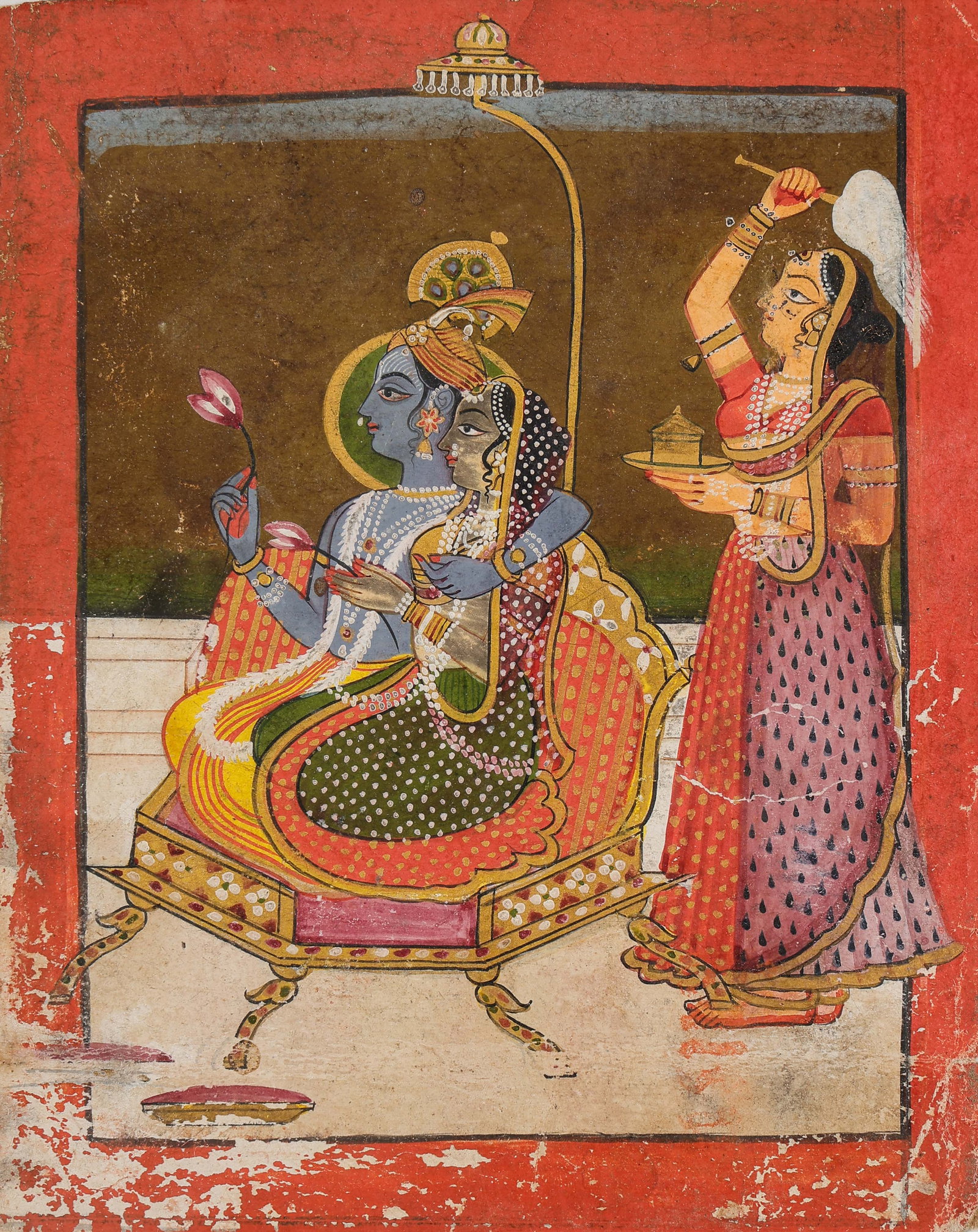 Indian Miniature Painting Of Krishna And Radha With Attendant, Rajasthan, India (Jaipur School), (1 of 5)