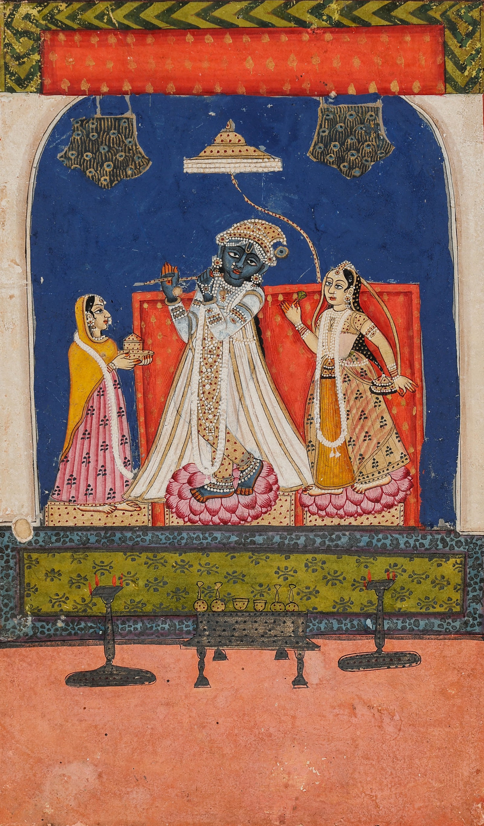 Indian Miniature Painting Of Krishna Playing The Flute With Attendants, North India, 19th C.: Indian Miniature Painting Of Krishna Playing The Flute With Attendants, North India, 19th C. Size: 8.25'' x 5.25'', 21 x 13 cm (sheet); 12'' x 9'', 30 x 23 cm (mat). Depicting Krishna standing upon a 