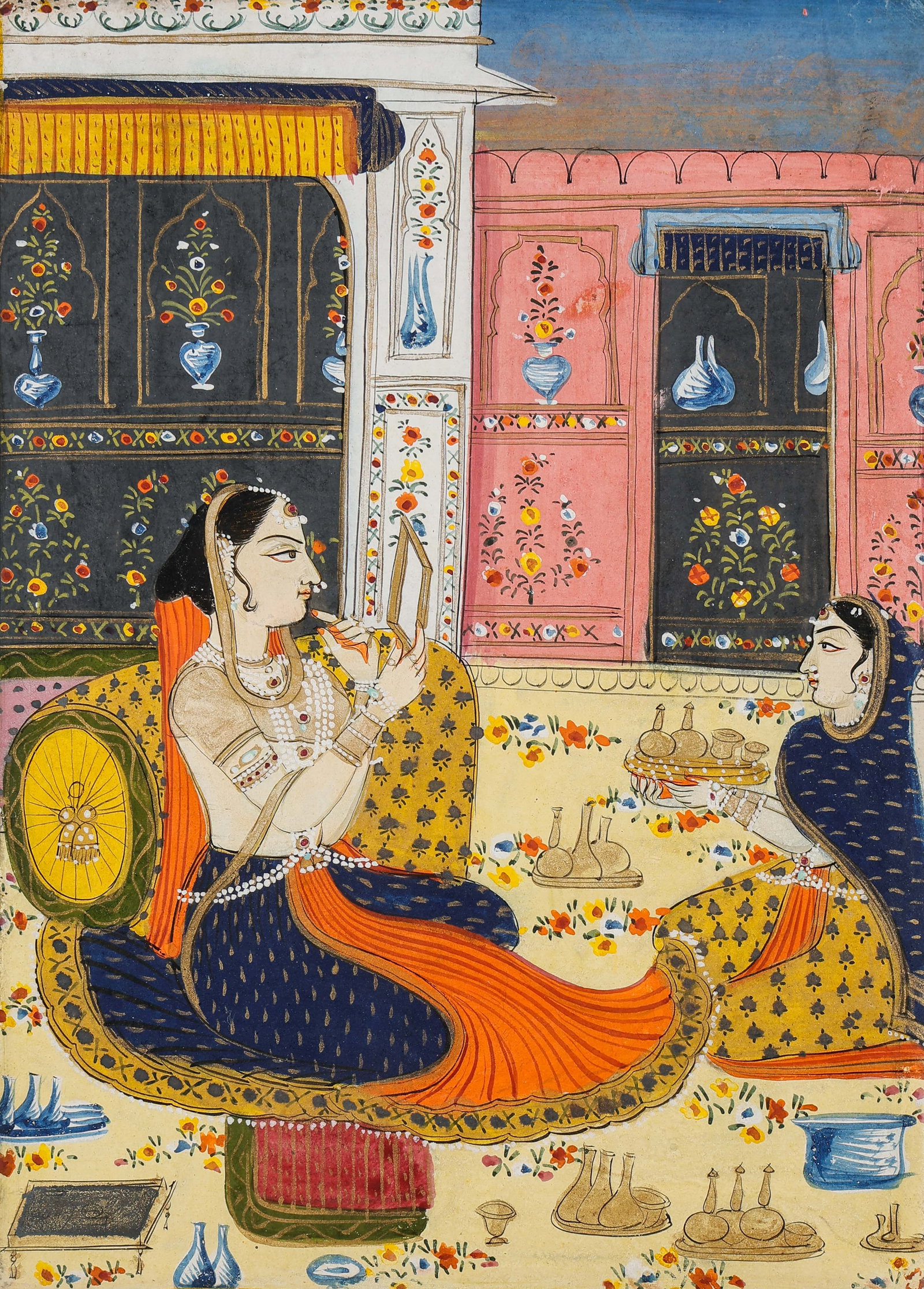 Indian Miniature Painting Of A Noble Lady At Her Toilette With Attendant, 19th C.: Indian Miniature Painting Of A Noble Lady At Her Toilette With Attendant, 19th C. Size: 6.75'' x 4.75'', 17 x 12 cm (sheet); 12'' x 9'', 30 x 23 cm (mat). Opaque watercolor on paper, depicting an eleg