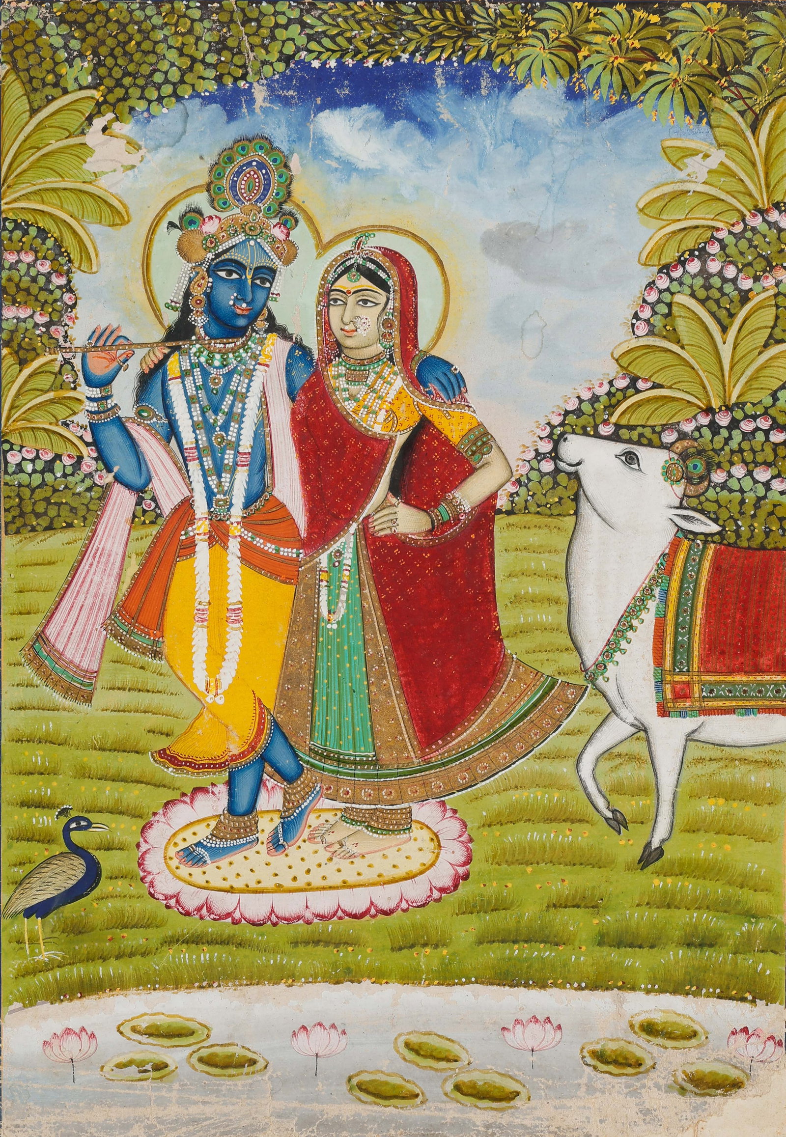 Indian Miniature Painting Of Krishna And Rhada, North India, Late 18th/Early 19th C.: Indian Miniature Painting Of Krishna And Rhada, North India, Late 18th/Early 19th C. Size: 13.75'' x 9.75'', 35 x 25 cm (sheet); 17'' x 14'', 43 x 36 cm (mat). Opaque watercolor on paper. A large-form