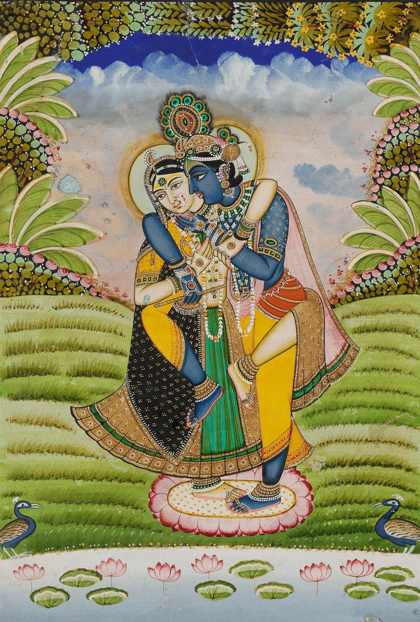 Radha And Krishna In An Embrace, Nathdwara/Rajasthani School, Late 19th/Early 20th C.: Radha And Krishna In An Embrace, Nathdwara/ Rajasthani School, Late 19th/Early 20th C. Size: 14'' x 10'', 36 x 25 cm (sheet); 17'' x 14'', 43 x 36 cm (mat). Opaque watercolor on paper. A devotional de