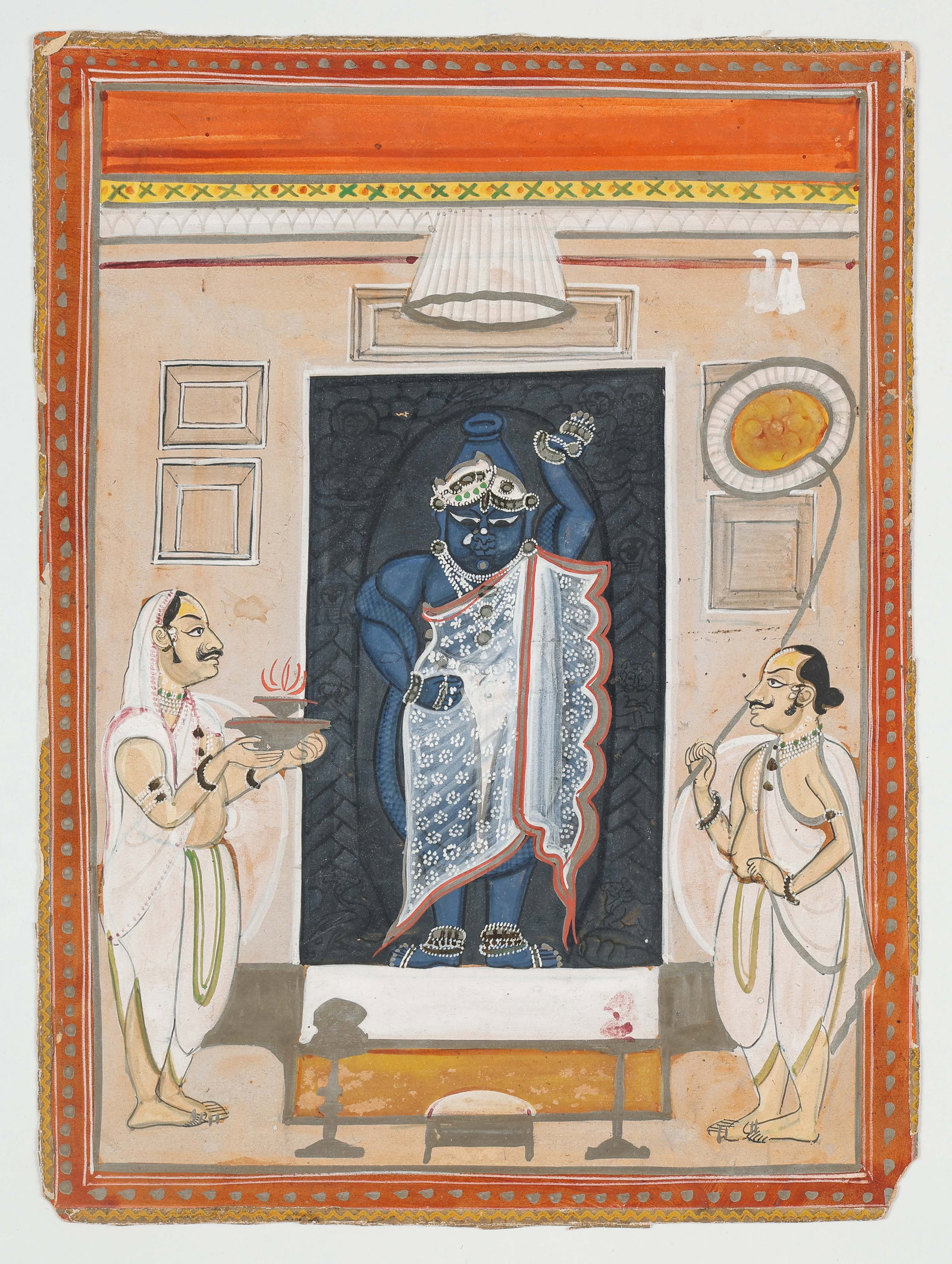 Indian Nathdwara School Painting Of Shrinathji Krishna Shrine, 19th C.: Indian Nathdwara School Painting Of Shrinathji Krishna Shrine, 19th C. Size: 13.25'' x 9.75'', 34 x 25 cm (sheet); 17'' x 14'', 43 x 36 cm (mat). A late 19th century Indian devotional painting depicti