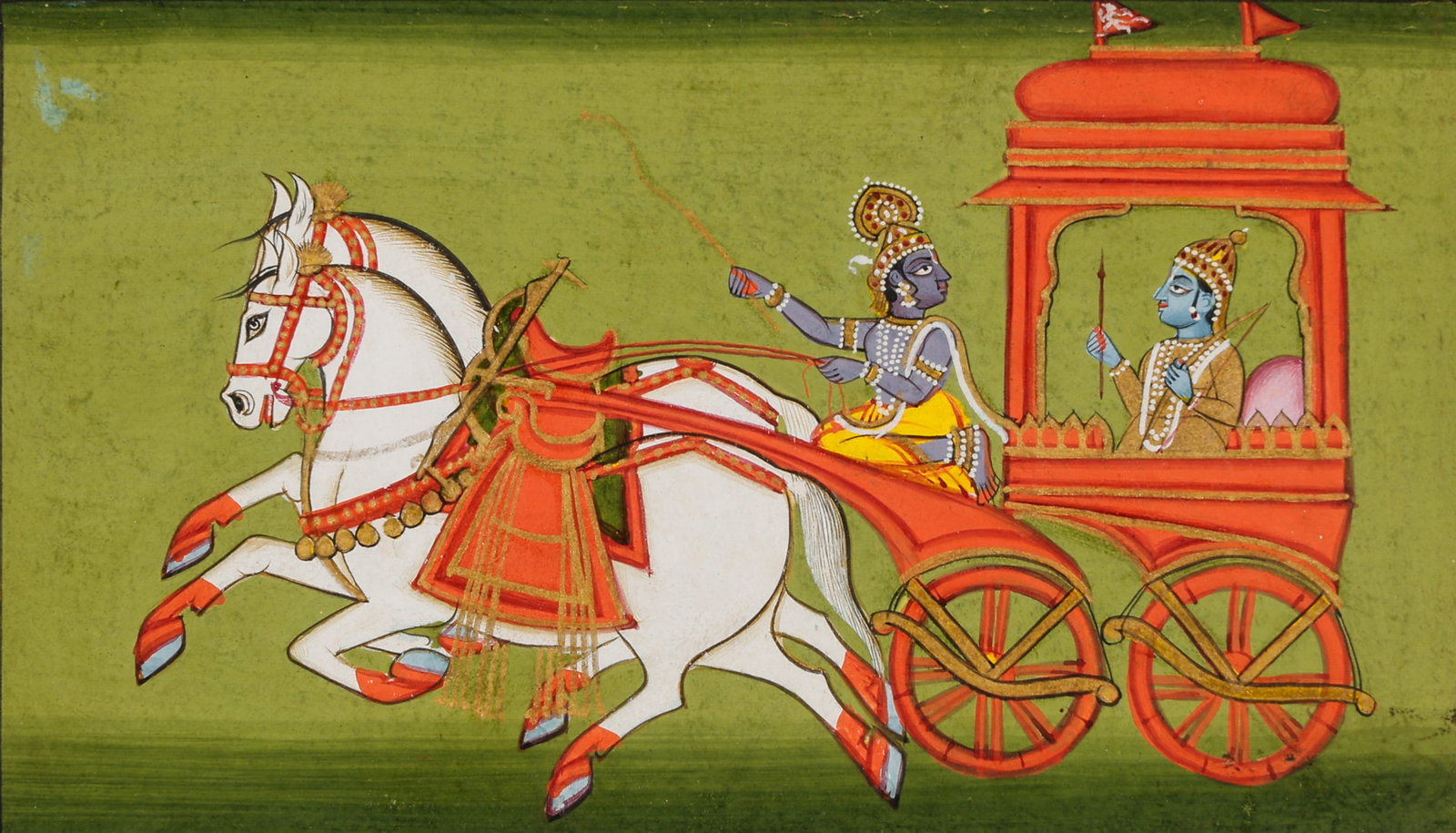 Indian Miniature Painting Of Krishna Driving Arjuna In A Chariot, Rajasthan, Late 19th-Early 20th C. (1 of 5)