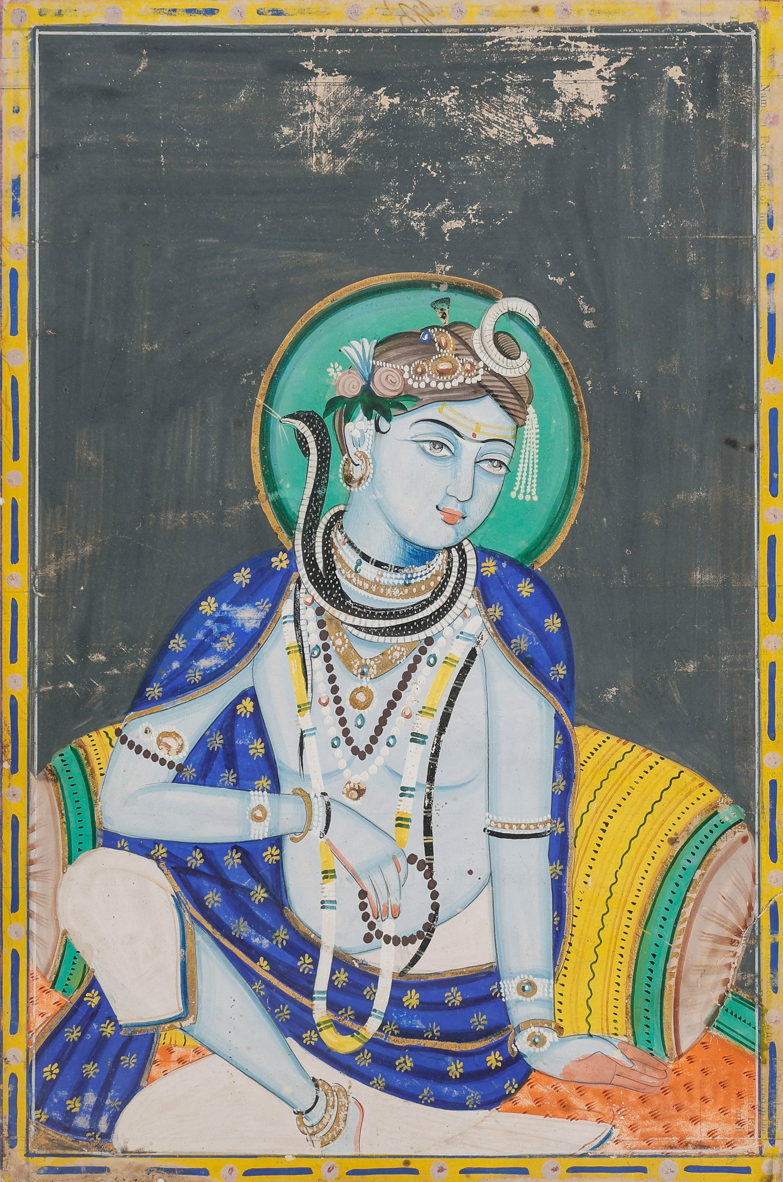 Indian Miniature Painting Of Krishna Seated On A Bolster, Late 19th-Early 20th C.: Indian Miniature Painting Of Krishna Seated On A Bolster, Late 19th-Early 20th C. Size: 12'' x 8'', 30 x 20 cm (sheet); 16'' x 12'', 41 x 30 cm (mat). A Indian miniature painting depicting the Hindu d
