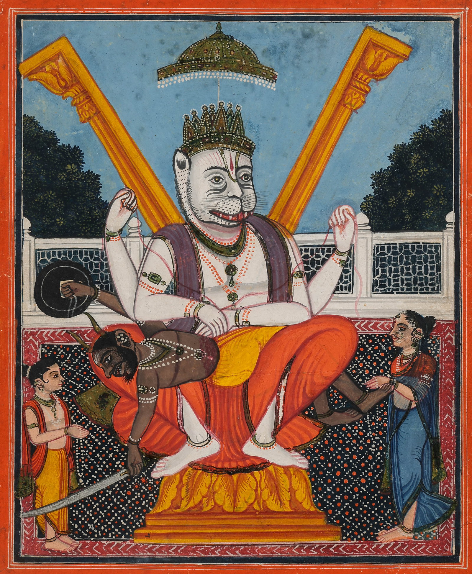 Nathdwara Miniature Painting Of Narasimha Slaying Hiranyakashipu, Mid-Late 19th C.: Indian Rajasthani Miniature Painting Of Narasimha Slaying Hiranyakashipu, Mid-Late 19th C. Size: 12'' x 10'', 30 x 25 cm (sheet); 17'' x 14'', 43 x 36 cm (mat). Indian miniature painting depicting Nar