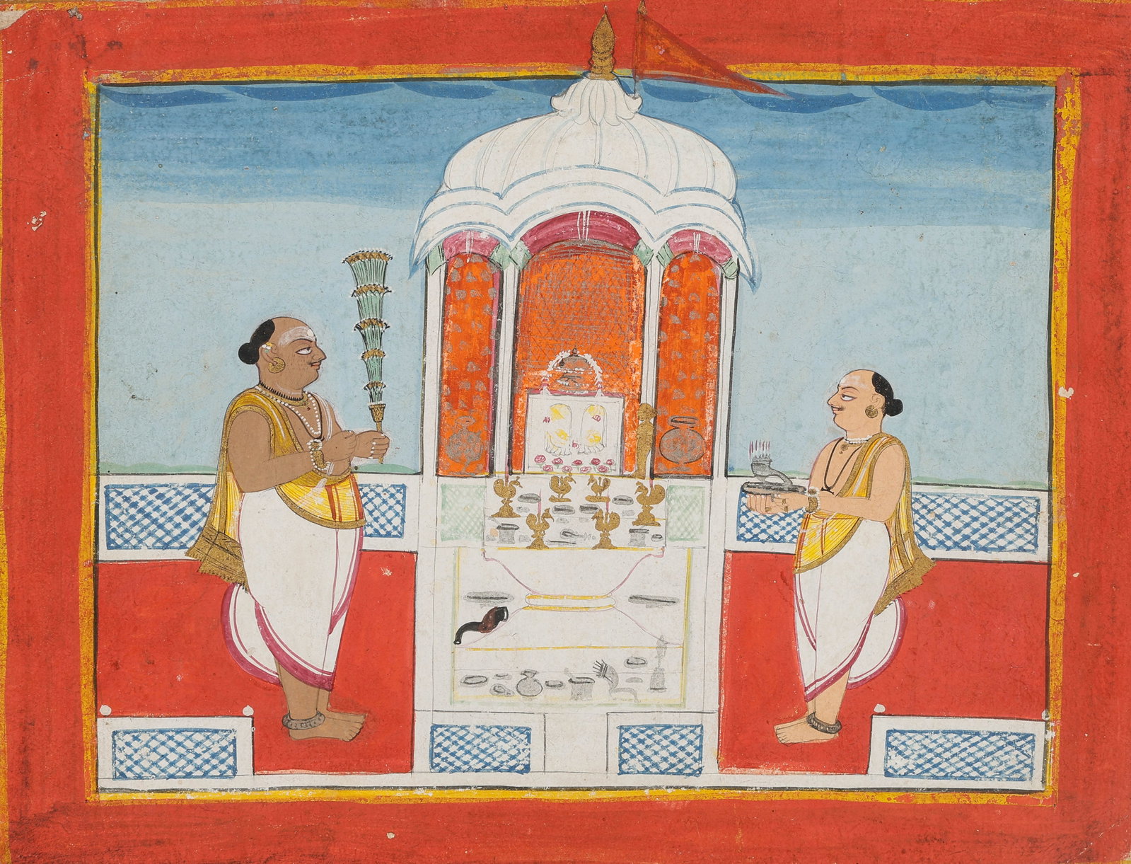 South Indian (Tamil Nadu) Sri Vaishnava Painting of Temple Puja, Late 18th-Early 19th C.: South Indian (Tamil Nadu) Sri Vaishnava Painting of Temple Puja, Late 18th-Early 19th C. Size: 9.75'' x 12.75'', 25 x 32 cm (sheet); 14'' x 17'', 36 x 43 cm (mat). South India (Tamil region) with Comp
