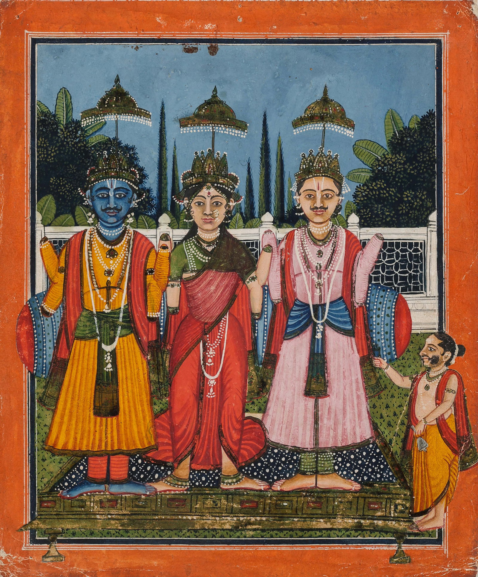 Indian Miniature Painting Of Rama Darbar, Vrindavan School, Mid-Late 19th C.: Indian Miniature Painting Of Rama Darbar, Vrindavan School,Mid-Late 19th C. Size: 12'' x 10'', 30 x 25 cm (sheet); 17'' x 14'', 43 x 36 cm (mat). A North Indian devotional painting depicting the Rama 
