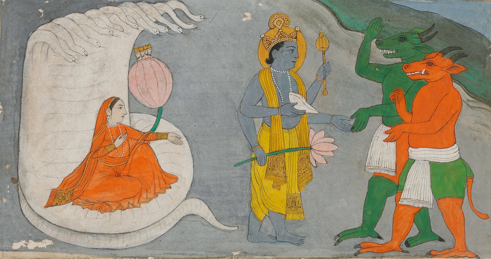 Vishnu Confronting Madhu and Kaitabha Before Lakshmi On the Ocean of Milk, Rajasthan, Late: Vishnu Confronting Madhu and Kaitabha Before Lakshmi On the Ocean of Milk, Rajasthan, Late 18th-Early 19th C. Size: 4.25'' x 7.5'', 11 x 19 cm (sheet); 9'' x 12'', 23 x 30 cm (mat). A Indian miniature