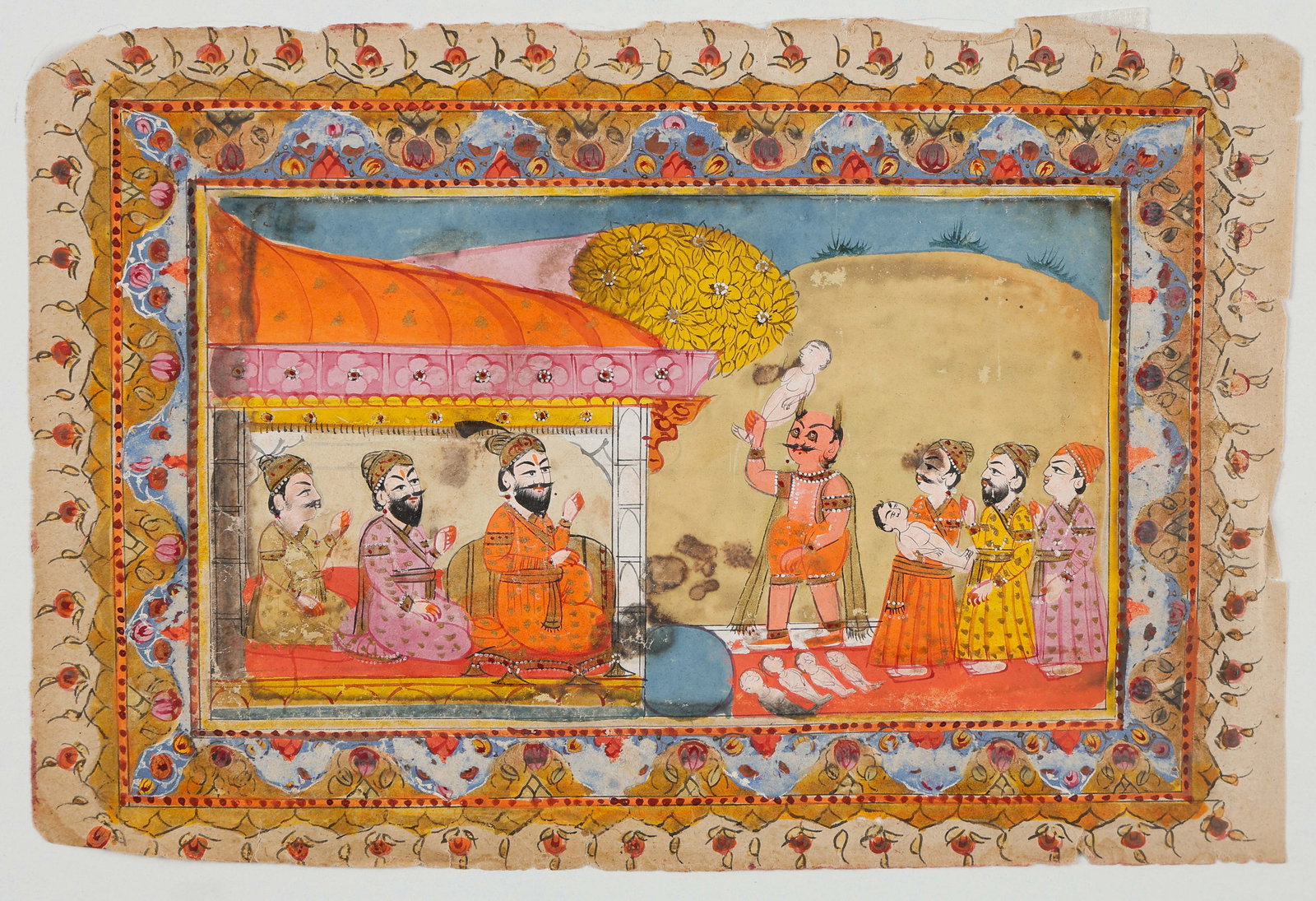 Rajasthani Miniature Painting Of Courtly Punishment Scene, Rajasthan, Circa 1800: Rajasthani Miniature Painting Of Courtly Punishment Scene, Rajasthan, Circa 1800. Size: 4.75'' x 7'', 12 x 18 cm (sheet); 9'' x 12'', 23 x 30 cm (mat). A Rajasthani miniature painting depicting a dram