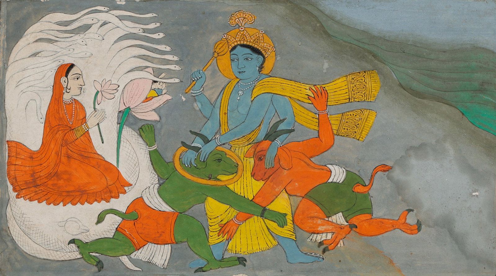 Vishnu Battling Madhu and Kaitabha Before Lakshmi On the Ocean of Milk, Rajasthan, Late 18th-Early (1 of 5)