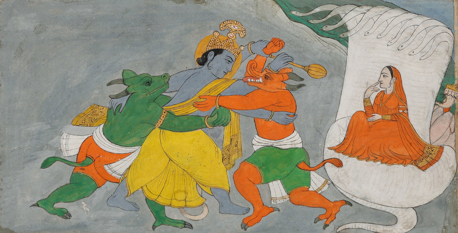 Vishnu Battling Madhu and Kaitabha Before Lakshmi on the Ocean of Milk, Rajasthan, Late 18th-Early: Vishnu Slaying Madhu Kaitabha Ocean Of Milk Indian Miniature Painting Nathdwara Rajasthan, Late 18th-Early 19th C. Size: 4.25'' x 7.25'', 11 x 18 cm (sheet); 9'' x 12'', 23 x 30 cm (mat). A Indian min