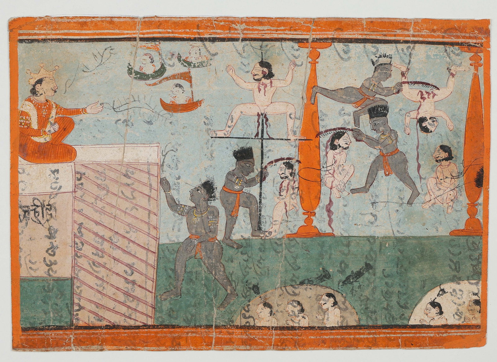 Pahari Illustrated Manuscript Folio Depicting Punishments In Naraka, Northern India, Late 18th C.: Pahari Illustrated Manuscript Folio Depicting Punishments In Naraka, Northern India, Late 18th C. Size: 5.75'' x 8.25'', 15 x 21 cm (sheet); 9'' x 11.75'', 23 x 30 cm (mat). Opaque watercolor and ink 