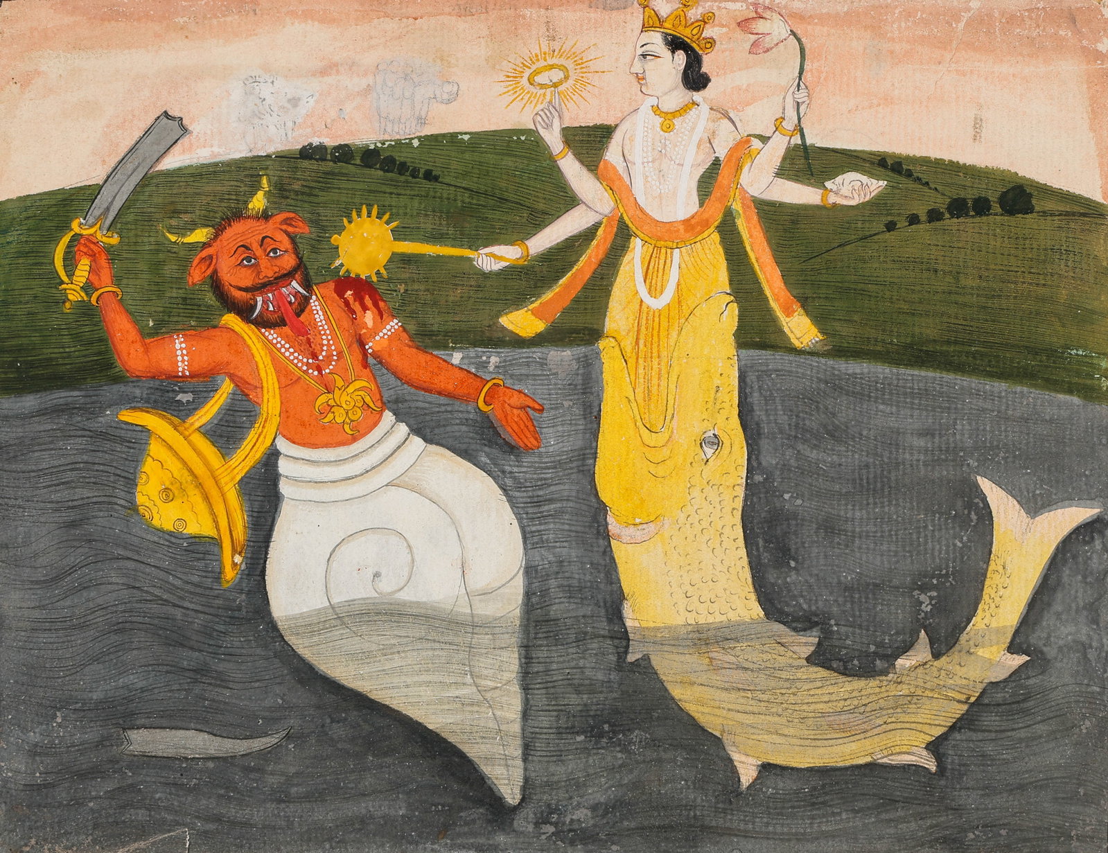 Antique Indian Miniature Painting Vishnu Matsya Avatar Slaying Demon Damanaka, Jaipur C.1800: Antique Indian Miniature Painting Vishnu Matsya Avatar Slaying Demon Damanaka, Jaipur, Rajasthan, circa 1780–1820. Size: 6.75'' x 8.75'', 17 x 22 cm (sheet); 11'' x 14'', 28 x 36 cm (mat). Opaque wa