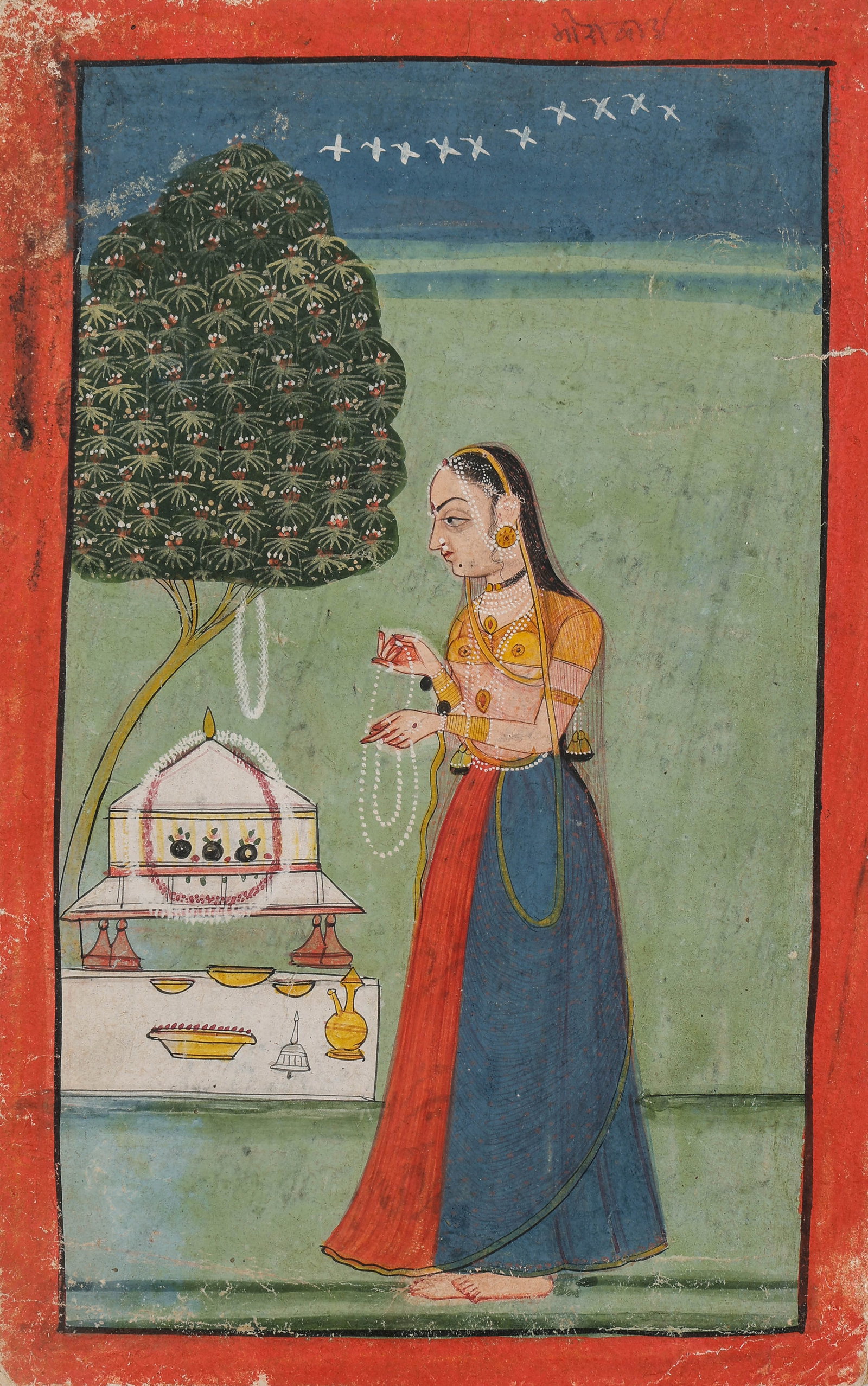 LaCentury Rajput Miniature Painting, Female Devotee at Shrine, Raja of Raghogarh Provenance, Late: Raghogarh (Malwa) Indian Miniature Painting, Woman In Puja At Shrine, Royal Stamp, Late 18th- Early 19th C. Size: 8.25'' x 5.25'', 21 x 13 cm (sheet); 14'' x 11'', 36 x 28 cm (mat). A Central Indian (
