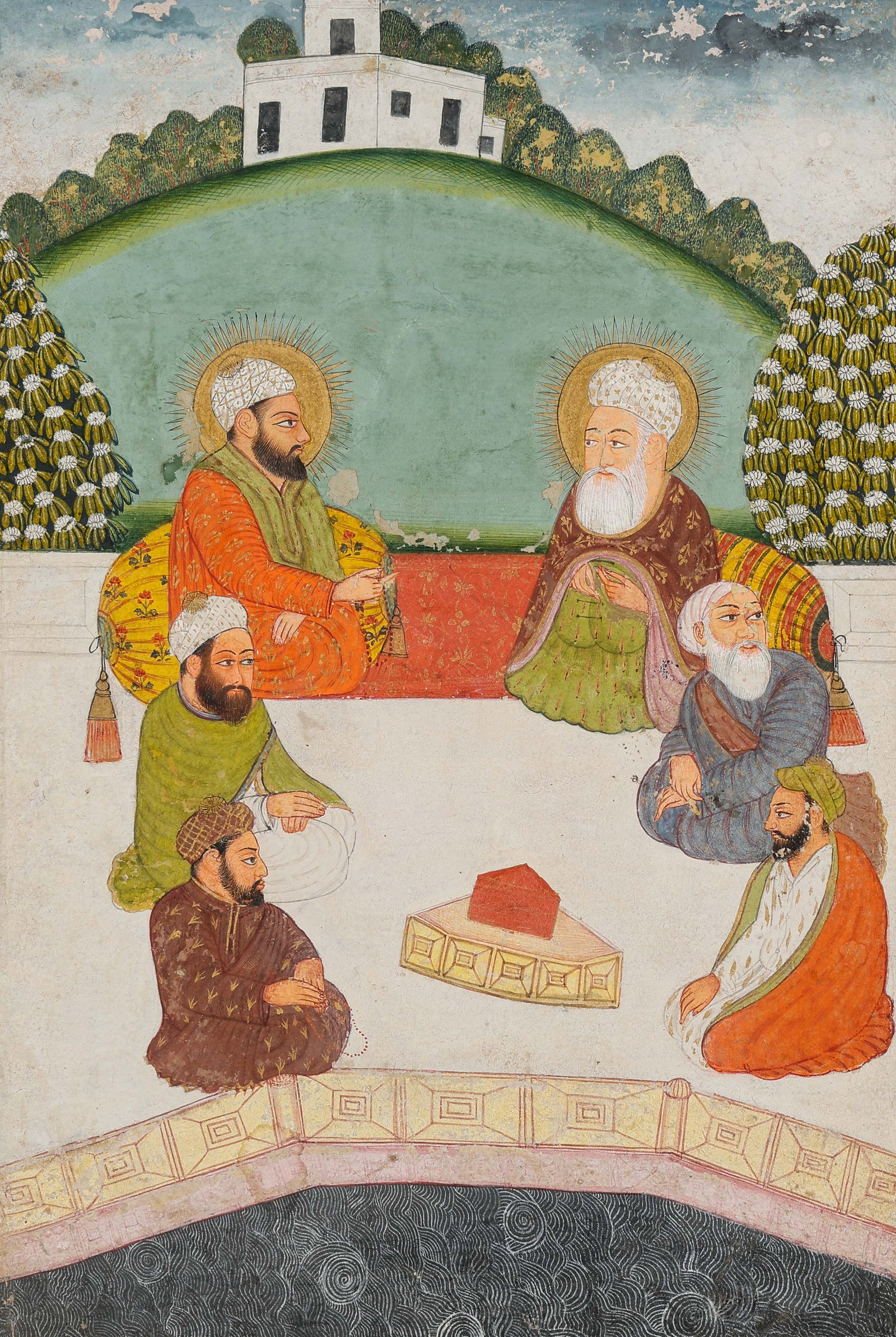 Late Mughal School Miniature Painting Of A Spiritual Assembly, India, Late 18th- Early 19th C.: Late Mughal School Miniature Painting Of A Spiritual Assembly, Late 18th- Early 19th C. Size: 11.25'' x 8'', 29 x 20 cm (sheet); 14'' x 11'', 36 x 28 cm (mat). A North Indian miniature painting depict