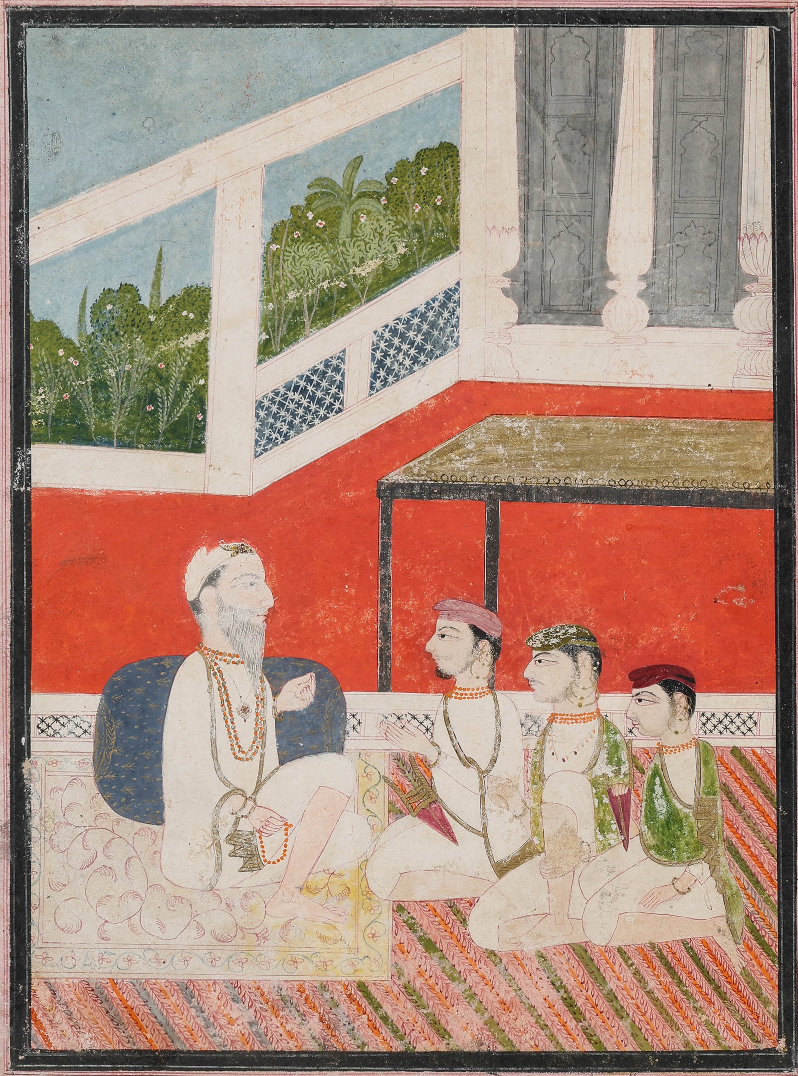 Indian Miniature Painting Of A Guru With Disciples, Rajasthan, Late 18th-Early 19th C.: Indian Miniature Painting Of A Guru With Disciples, Rajasthan, Late 18th/Early 19th C. Size: 10.25'' x 7.75'', 26 x 20 cm (sheet); 17'' x 14'', 43 x 36 cm (mat). Opaque watercolor and ink on paper dep
