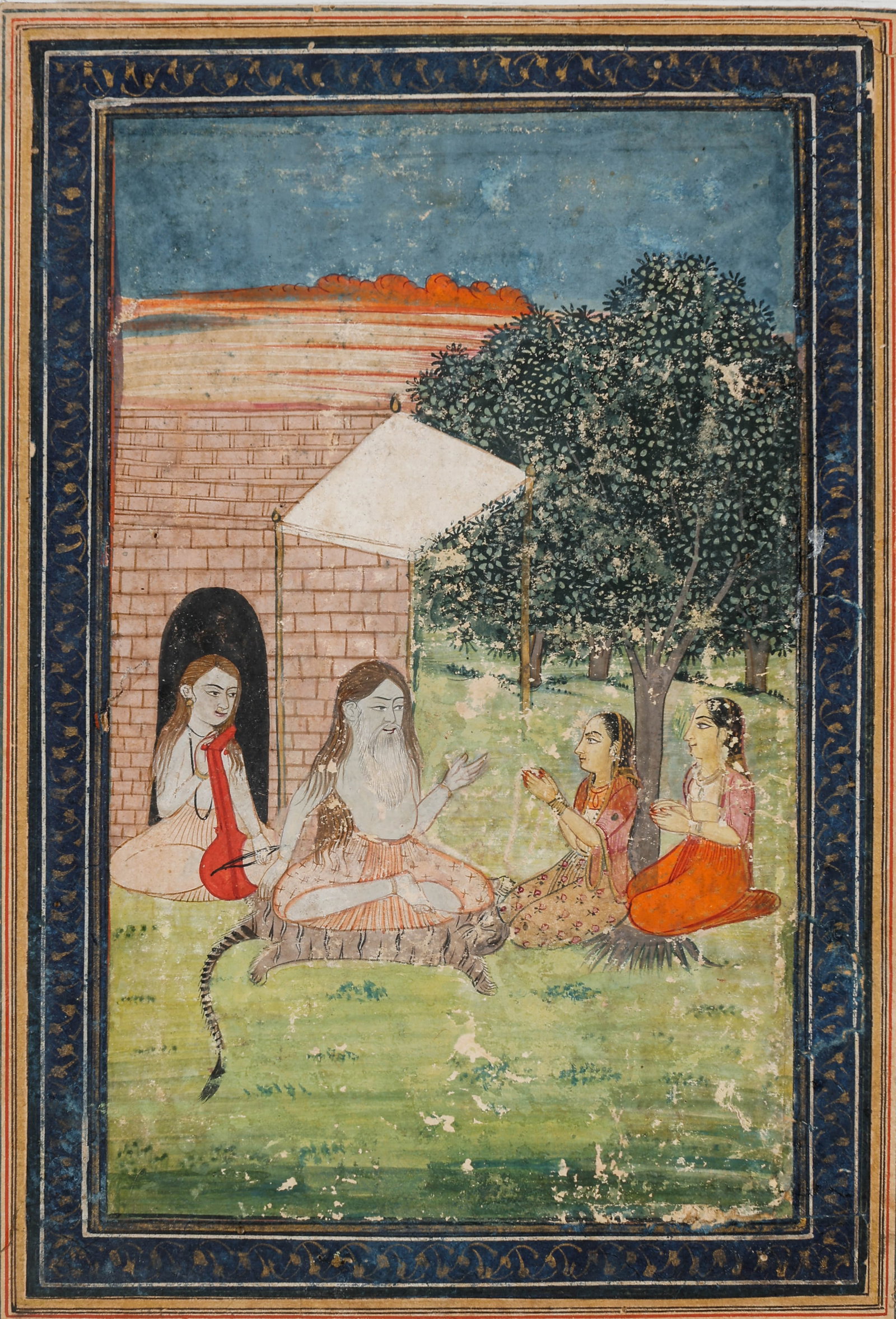 Pahari School Miniature Of Ascetic Guru With Devotees, Late 18th-Early 19th C.: Pahari School Miniature Of Ascetic Guru With Devotees, Late 18th- Early 19th C. Size: 9'' x 6'', 23 x 15 cm (sheet); 14'' x 11'', 36 x 28 cm (mat). A North Indian miniature painting depicting a seated
