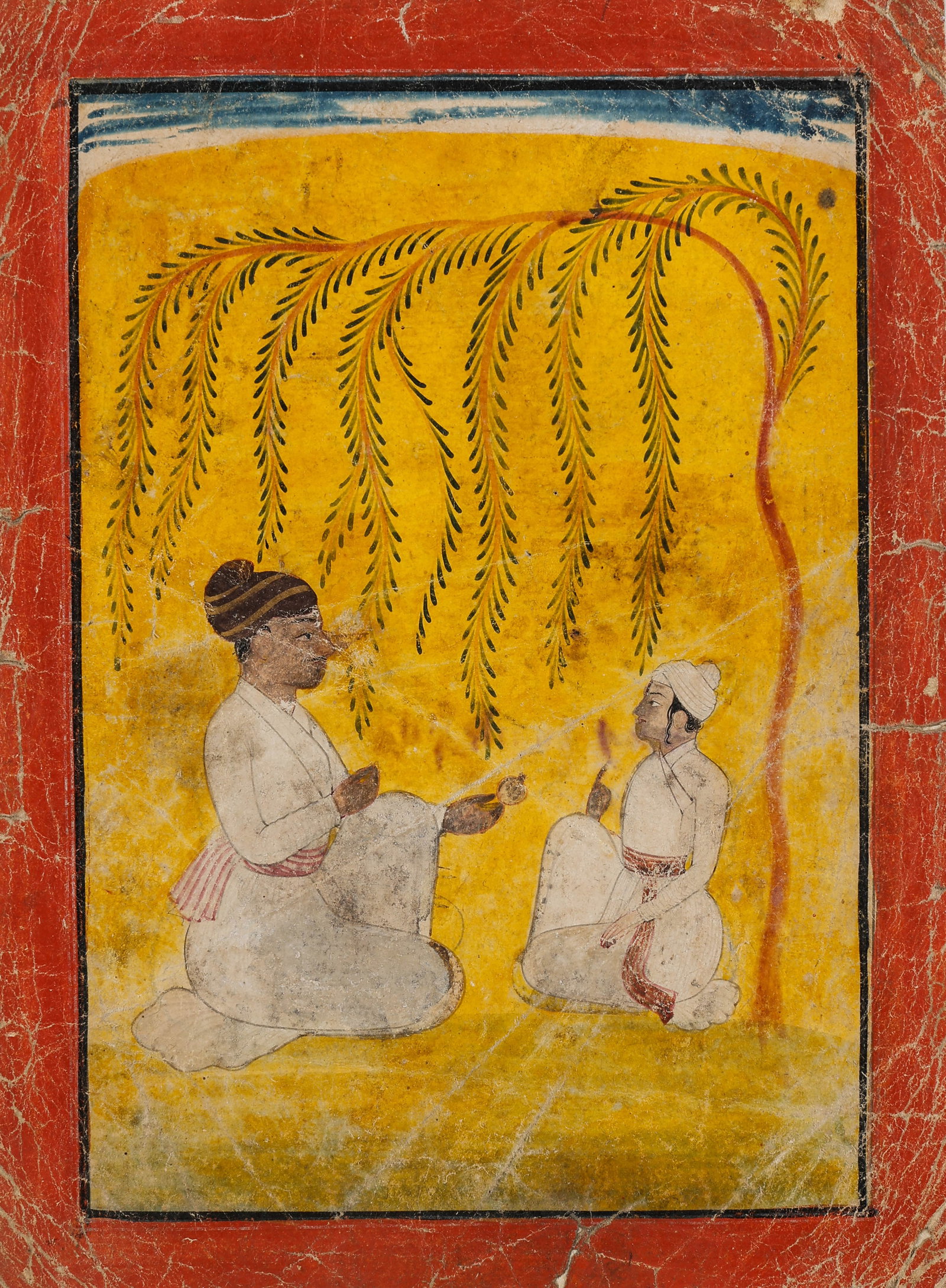 Rajasthani Indian Miniature Painting Guru And Disciple Scene, 19th C.: Rajasthani Indian Miniature Painting Guru And Disciple Scene, 19th C. Size: 8.5'' x 6.25'', 22 x 16 cm (sheet); 14'' x 11'', 36 x 28 cm (mat). Opaque watercolor and ink on paper. Possibly Bikaner or J