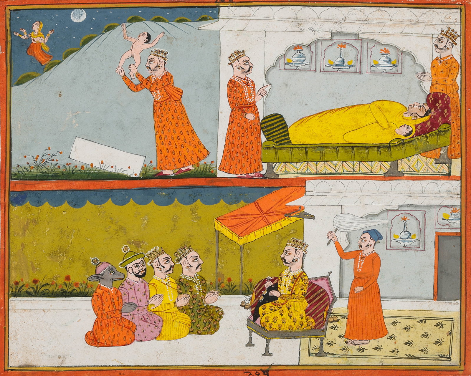 Rajput School Miniature Painting Of King Harishchandra's Dream Vision, Vow To Sacrifice His Son,: Rajput School Miniature Painting Of King Harishchandra's Dream Vision, Vow To Sacrifice His Son Rohitashva (Rohita), Late 18th-Early 19th C. Size: 5.75'' x 7.25'', 15 x 18 cm (sheet); 11'' x 14'', 28 