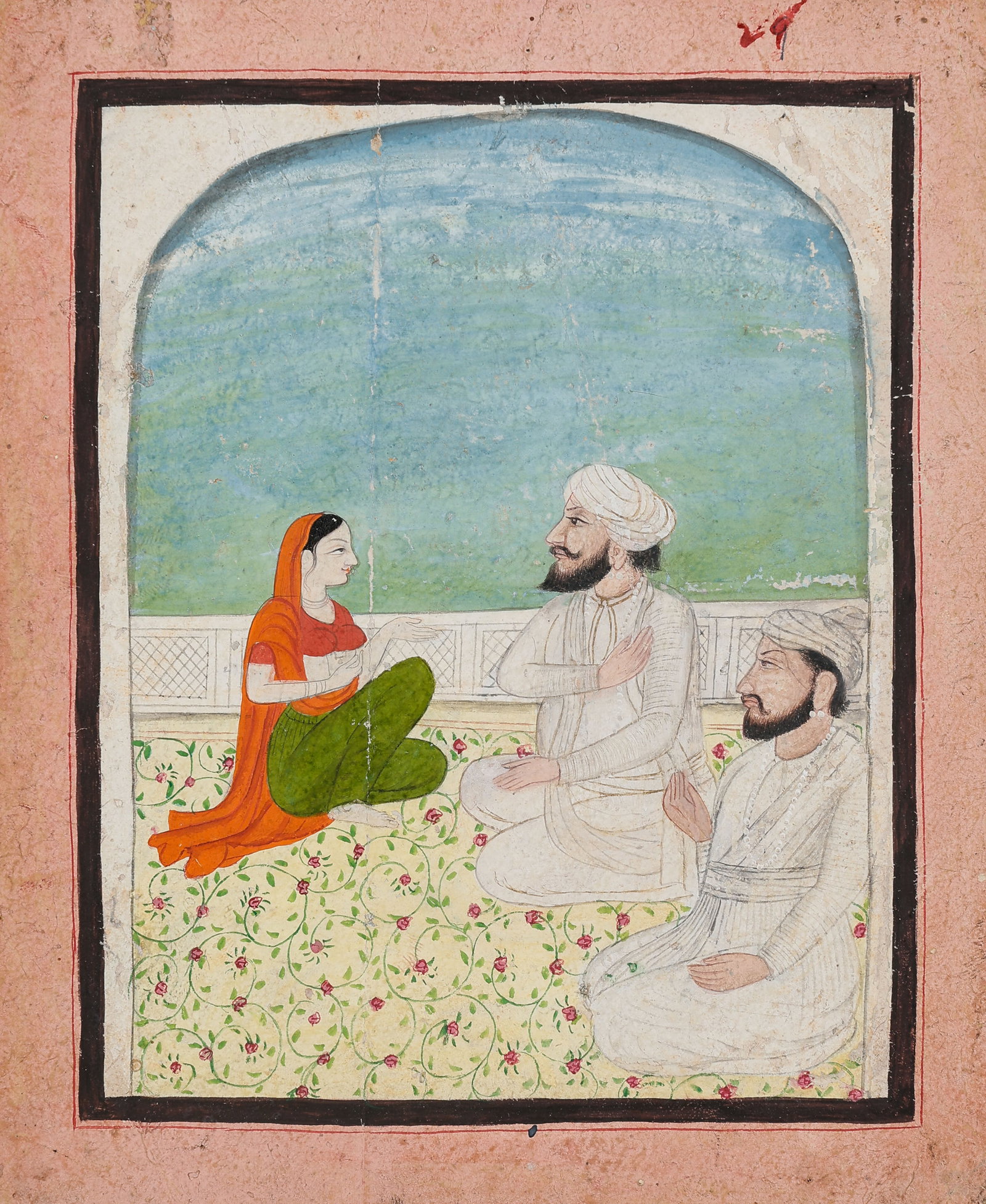 Indian Mughal Miniature Painting, Courtly Scene, 19th C.: Indian Mughal Miniature Painting, Courtly Scene, 19th C. Size: 7.5'' x 6'', 19 x 15 cm (sheet); 14'' x 11'', 36 x 28 cm (mat). A North Indian Mughal-style miniature painting depicting an intimate cour