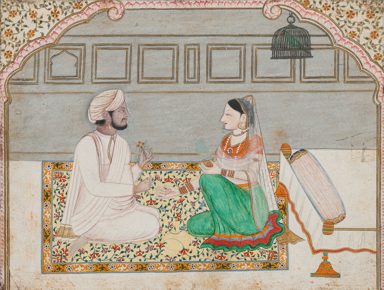 Indian Miniature Painting, Noble Couple Interior Scene, Rajasthan Pahari Style, Late 19th-Early 20th: Indian Miniature Painting, Noble Couple Interior Scene, Rajasthan Pahari Style, Late 19th-Early 20th C. Size: 6.75'' x 8.75'', 17 x 22 cm (sheet); 11'' x 14'', 28 x 36 cm (mat). Indian miniature paint