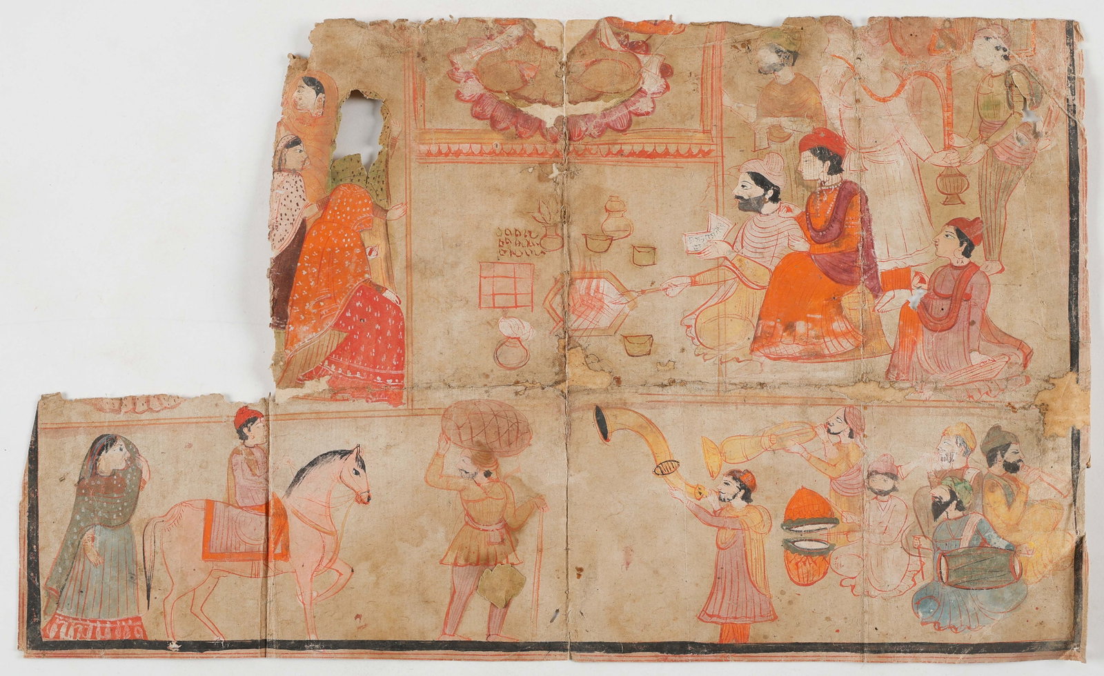 Rajasthani Narrative Manuscript Painting, Wedding Procession Scene, Late 18th/Early 19th C. (1 of 3)