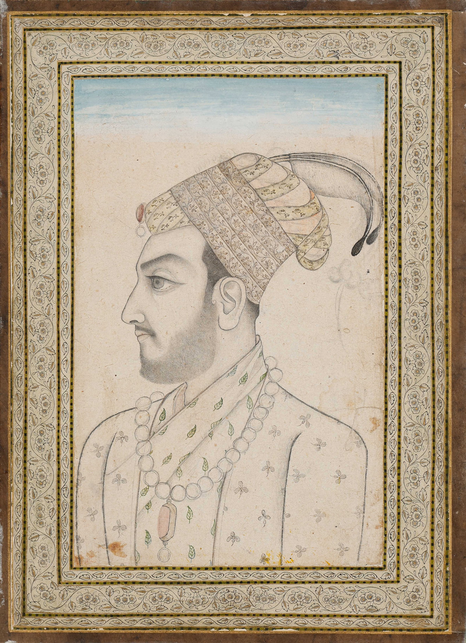 Provincial Mughal Miniature Painting Portrait Of Rajput Prince, Mid-18th C.: Provincial Mughal Miniature Painting Portrait Of Rajput Prince, Mid-18th C. Ink and opaque watercolor on paper with selective gold on paper. "Portrait of a Rajput prince. With gilt decorative borders.