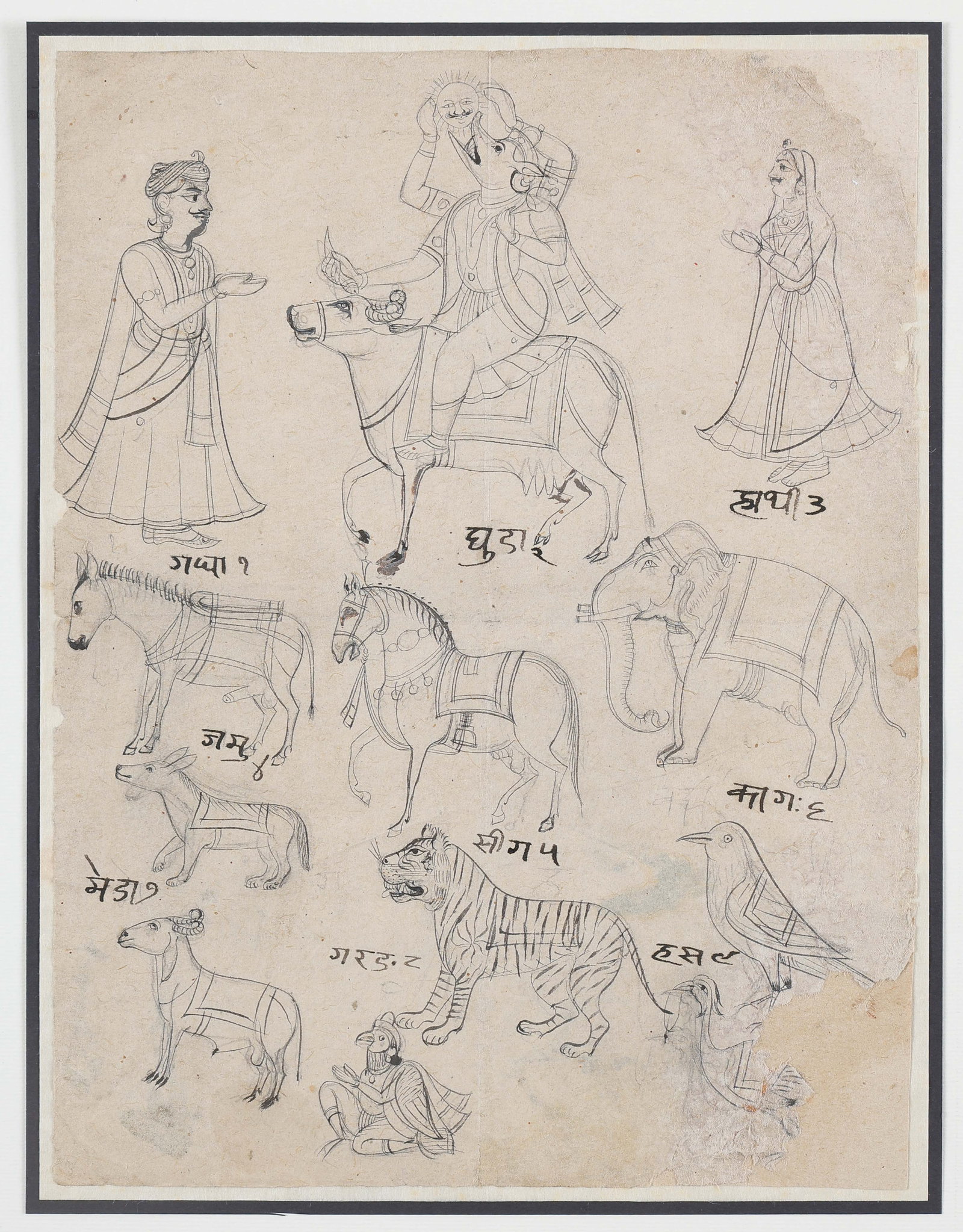 North Indian Folk/Workshop Study Sheet Of Animals And Figures, Early 19th C.: North Indian Folk/Workshop Study Sheet Of Animals And Figures, Early 19th C. Depicting Ganesha, attendants, a horese, elephant, tiger, camel, and more. Ink on paper. Each subject is identified with De