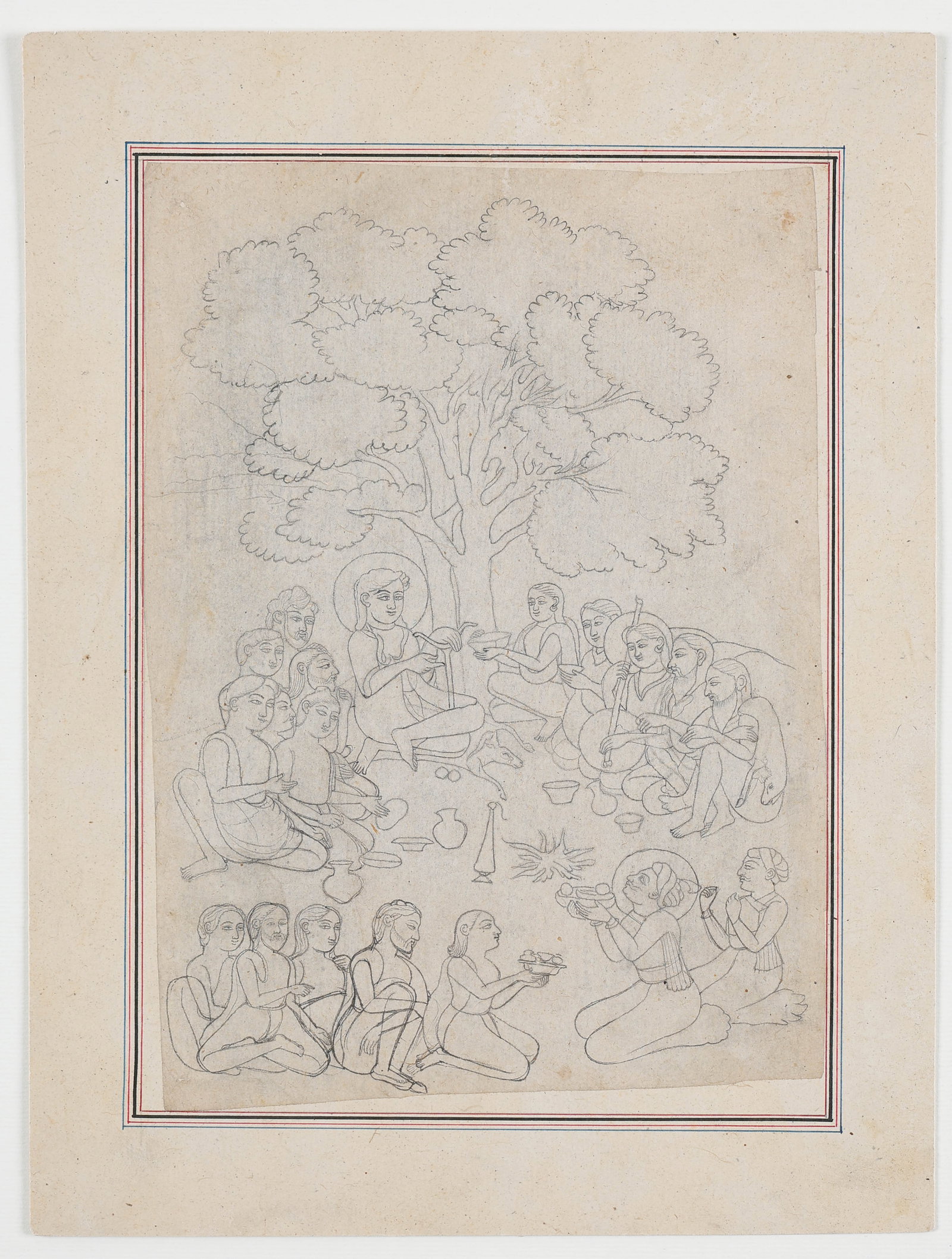 Indian Miniature Drawing Of A Devotional Assembly, Late 18th-Early 19th C.: Indian Miniature Drawing Of A Seated Holy Figure With Attendants, Late 18th-Early 19th C. Western India (Rajasthan or Gujarat), ink on paper. Likely a preparatory study for a miniature painting. On ma