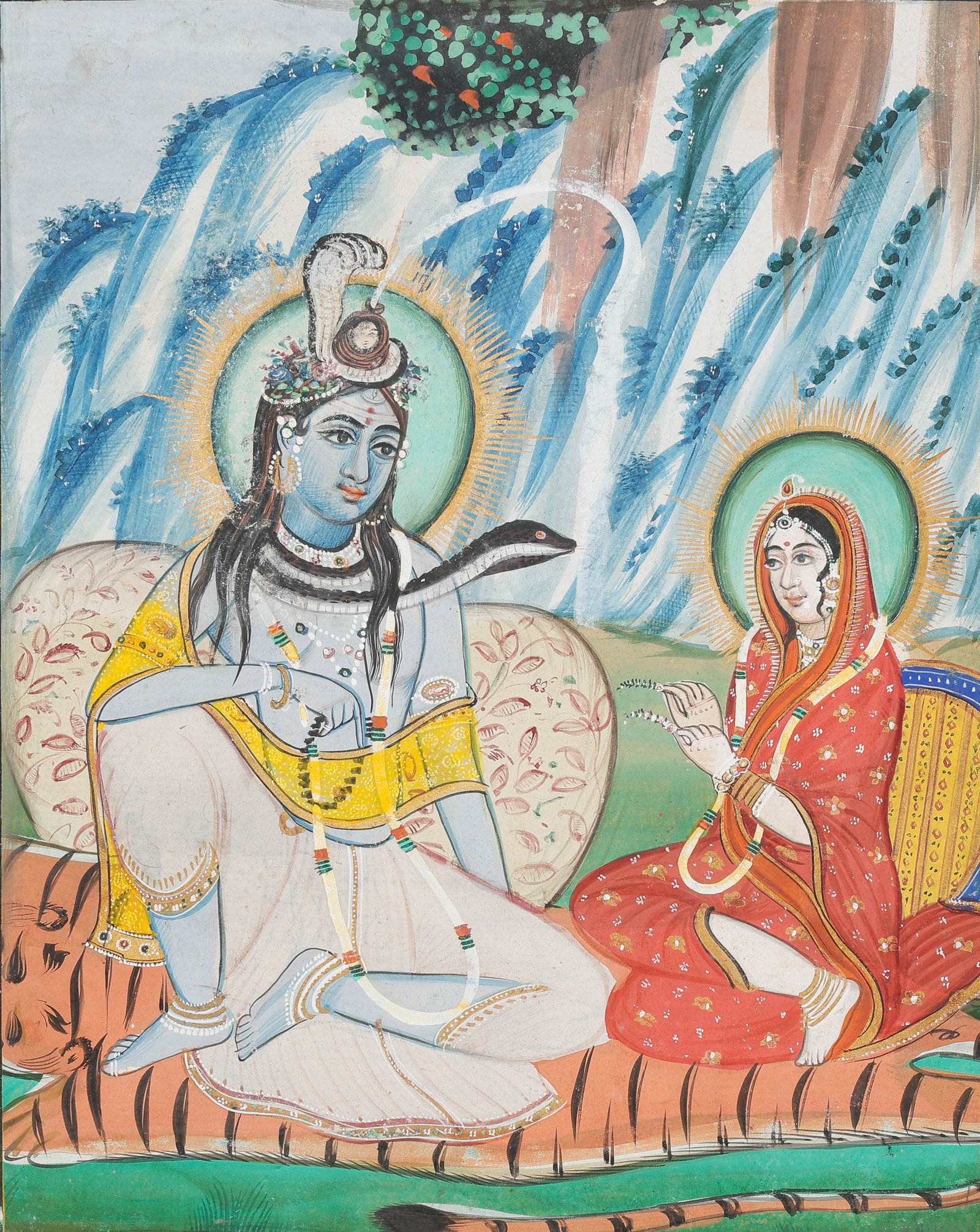 Indian Pahari School Painting of Shiva and Parvati, Late 19th-Early 20th C.: Indian Pahari School Painting of Shiva and Parvati, Late 19th-Early 20th C. Size: 12'' x 9.5'', 30 x 24 cm (sheet); 17'' x 14'', 43 x 36 cm (mat). Indian devotional painting depicting the Hindu deity 
