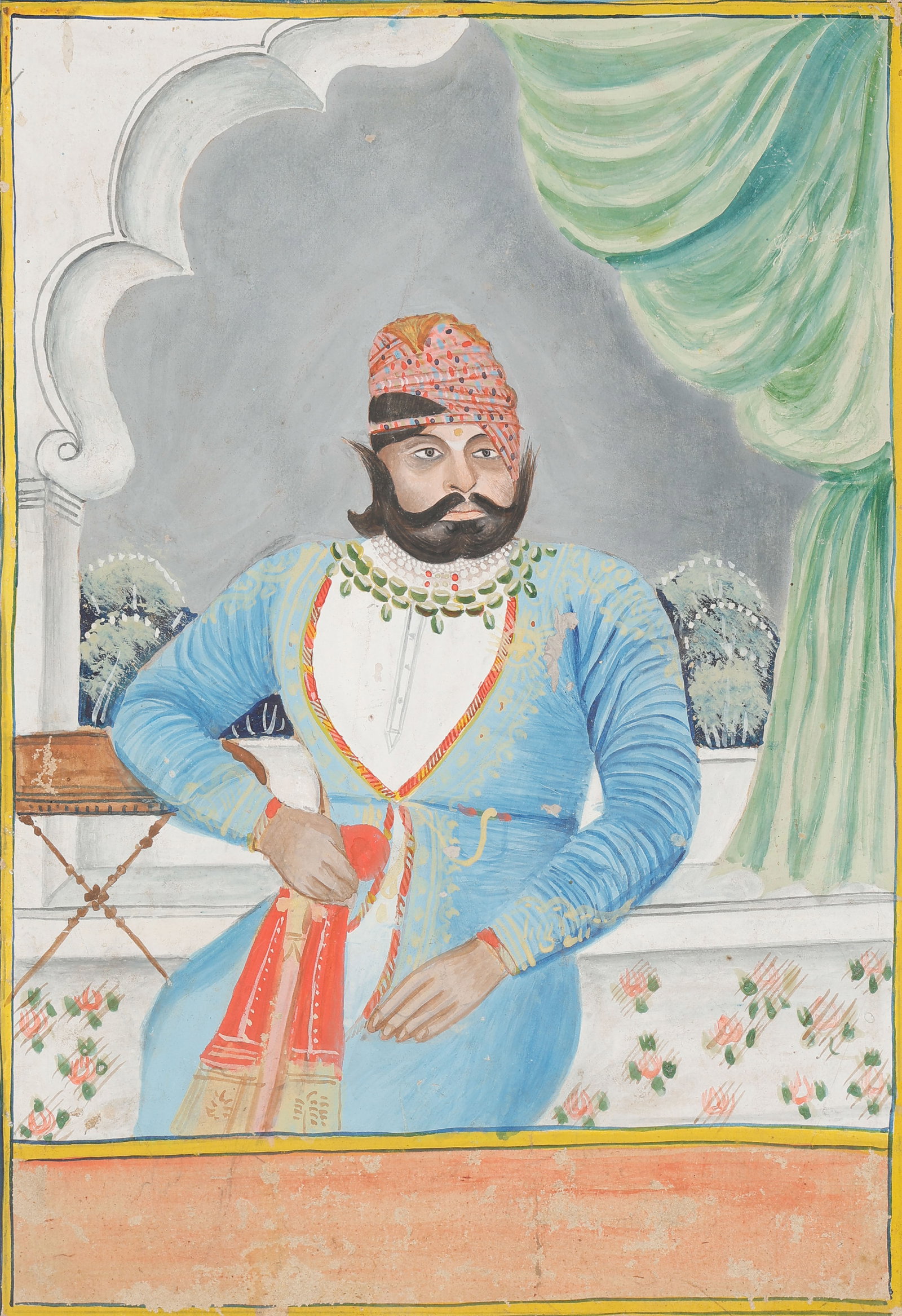 Indian Rajput Portrait of Nobleman in Turban, Mid-19th C.: Indian Rajput Portrait of Nobleman in Turban, Mid-19th C. Size: 14'' x 10'', 36 x 25 cm (sheet); 17'' x 14'', 43 x 36 cm (mat). A mid-19th century North Indian Rajput school painting depicting a noble