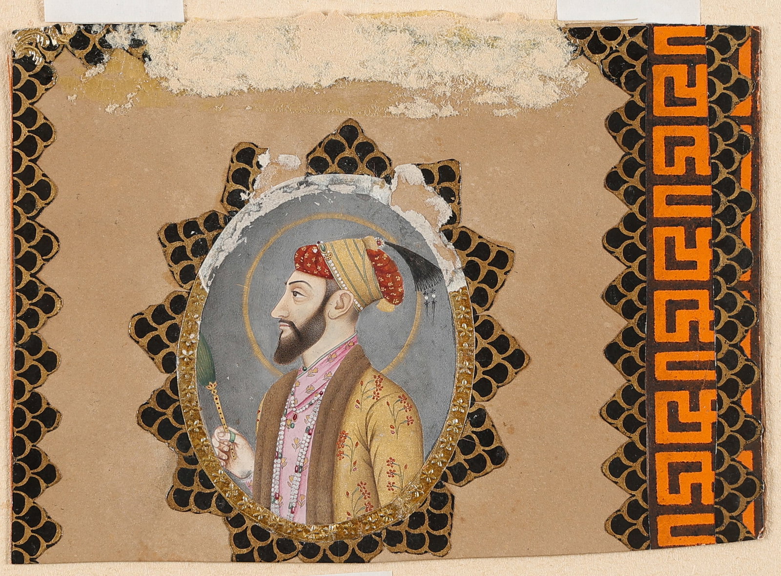 Mughal Miniature Portrait Of Aurangzeb, Delhi/Lucknow School, Circa 1800: Mughal Miniature Portrait Of Aurangzeb, Delhi/Lucknow School, Circa 1800. Opaque watercolor and gold on paper. Rough Text Translation: "“Victorious Father of Triumph, Upholder of the Faith, Muhammad