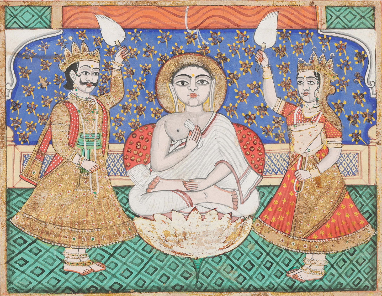 Jain Tirthankara Painting with Attendants, Western India, Late 19th-Early 20th C.: Jain Tirthankara Painting with Attendants, Western India, Late 19th-Early 20th C. Size: 8'' x 10'', 20 x 25 cm (sheet); 12'' x 16'', 30 x 41 cm (mat). Opaque watercolor and ink on paper depicting a Ja