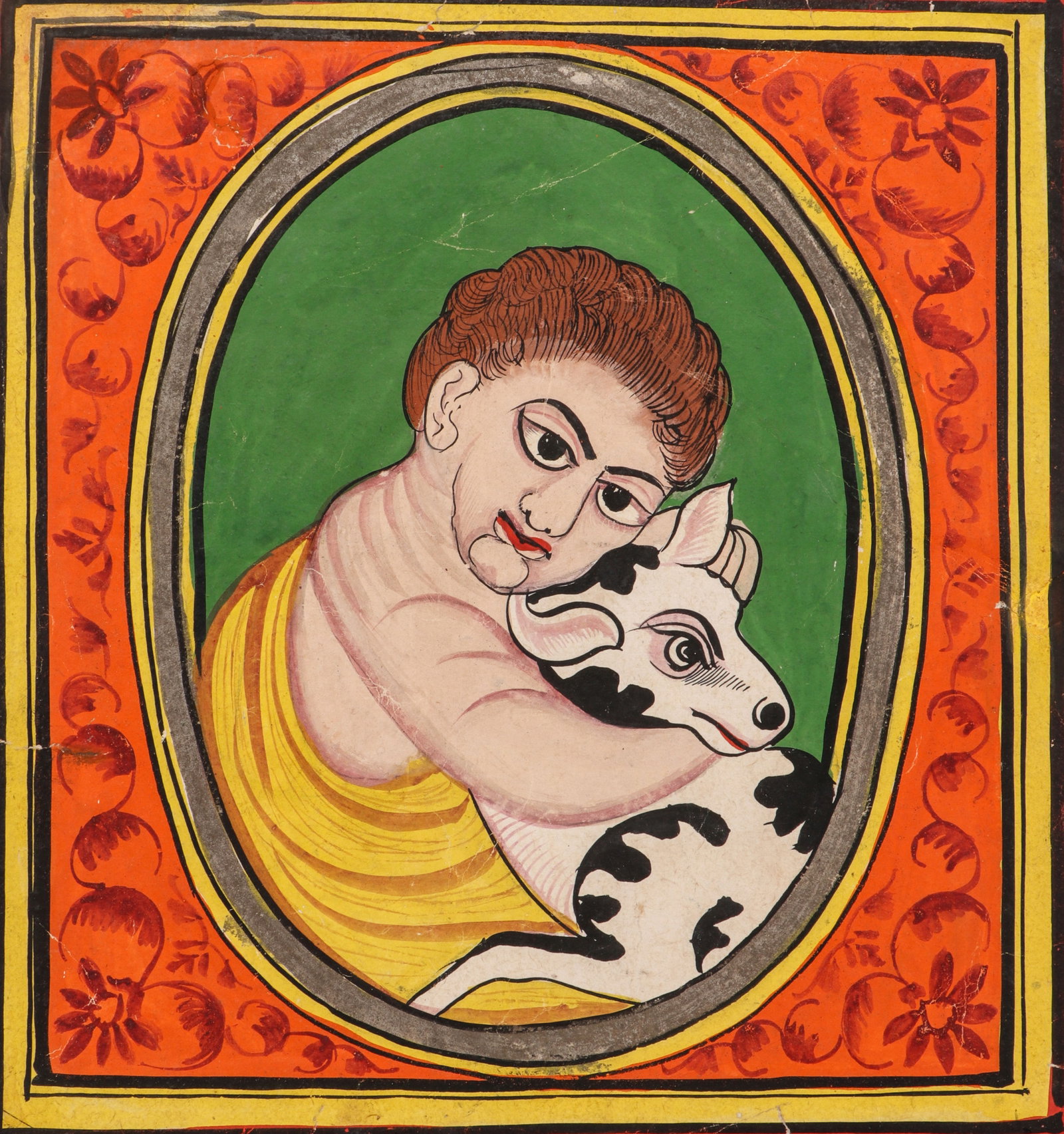 Indian Folk Devotional Painting Of Balakrishna With Calf, Bengal or Eastern India, Late 19th - Early: Indian Folk Devotional Painting Of Balakrishna With Calf, Bengal or Eastern India, Late 19th - Early 20th C.opaque watercolor on paper. Size: 9.75'' x 9.25'', 25 x 23 cm (sheet); 17'' x 14'', 43 x 36 